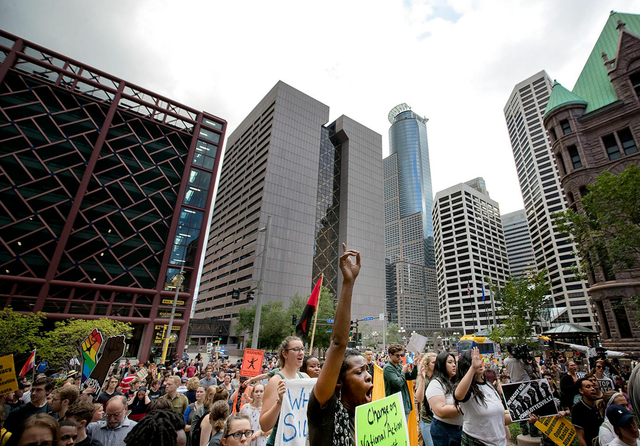 Daphne Brown raised her hand during a the Solidarity with anti-racists in Charlottesville march that ended in downtown Minneapolis on Monday.