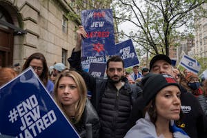 Demonstrators hold an End Jewish Hatred protest outside  the campus of Columbia University in New York on April 17.