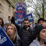 Demonstrators hold an End Jewish Hatred protest outside  the campus of Columbia University in New York on April 17.