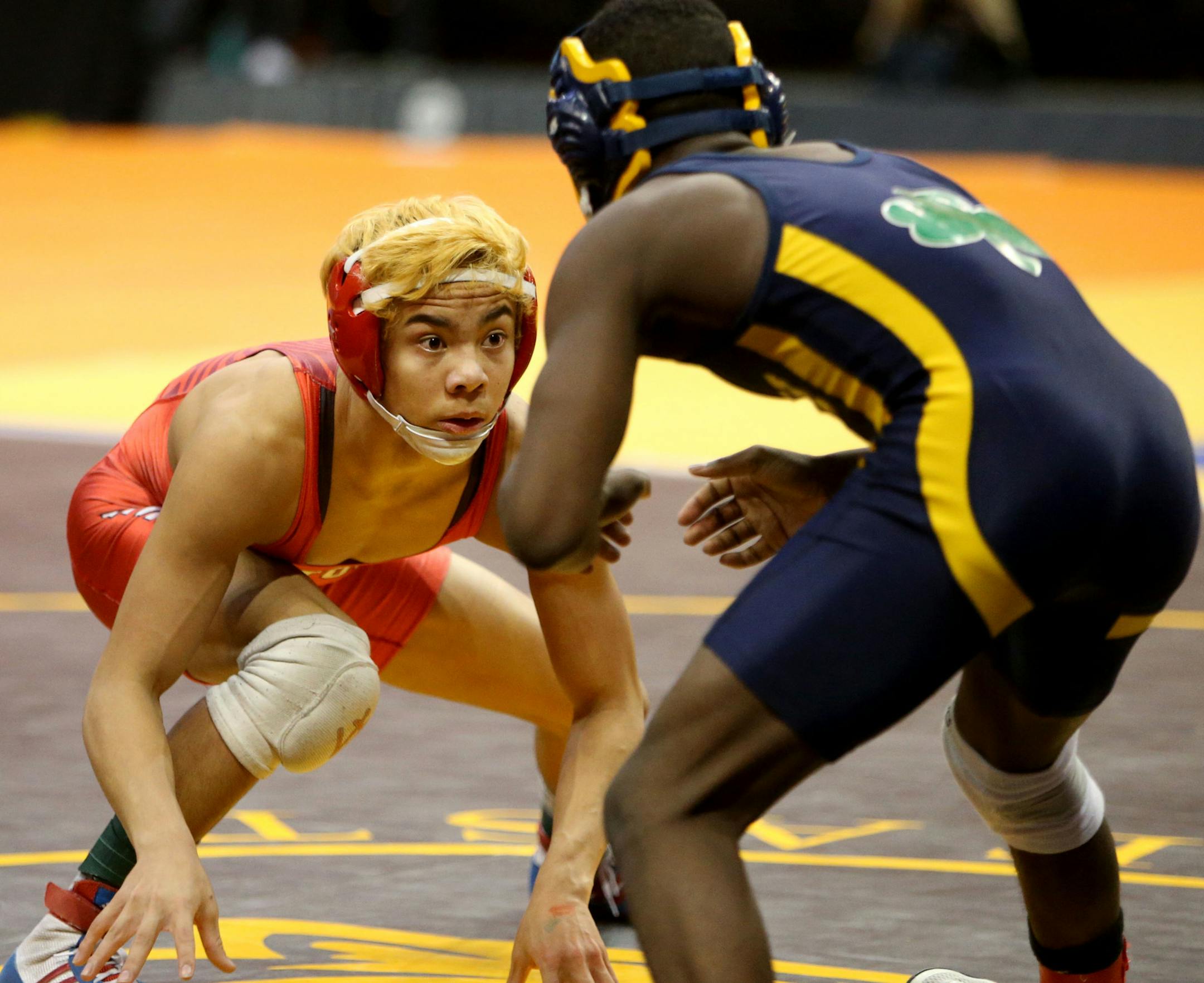 In 3A, Aaron Cashman of Mound Westonka, left, defeated Reuben Cephas of Rosemount 9-1 during their 106 pound match at the Minnesota State Wrestling tournament for 1A, 2A and 3A at the Xcel Energy Center Friday, Feb. 26, in 2016, in St. Paul, MN. Here, ](DAVID JOLES/STARTRIBUNE)djoles@startribune.com