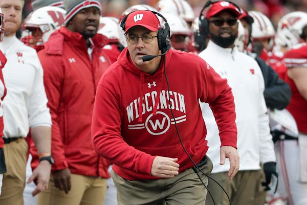 Wisconsin head coach Paul Chryst reacts during the first half of an NCAA college football game against Iowa Saturday, Nov. 9, 2019, in Madison, Wis. (