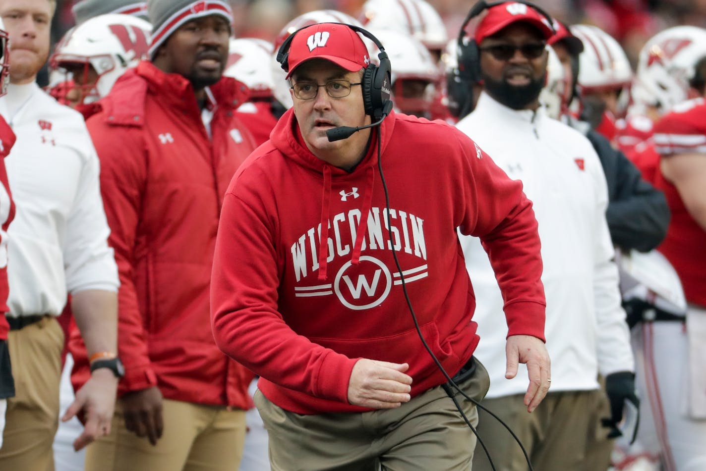 Wisconsin head coach Paul Chryst reacts during the first half of an NCAA college football game against Iowa Saturday, Nov. 9, 2019, in Madison, Wis. (AP Photo/Morry Gash)