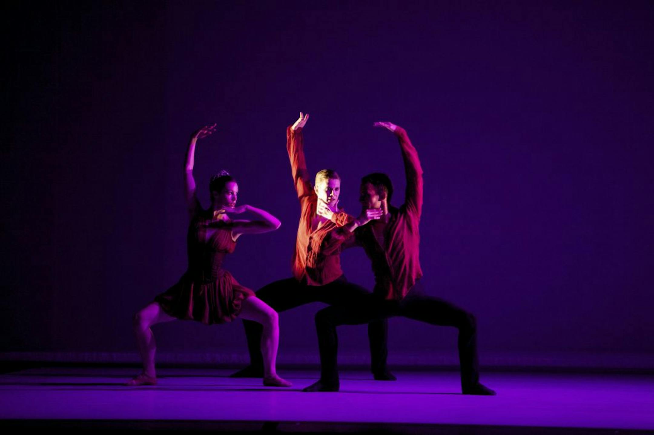 Amy Hadley, Andrew Peasgood and Luke Ahmet in Jorma Elo's "Kings 2 Ends" by the Scottish Ballet.