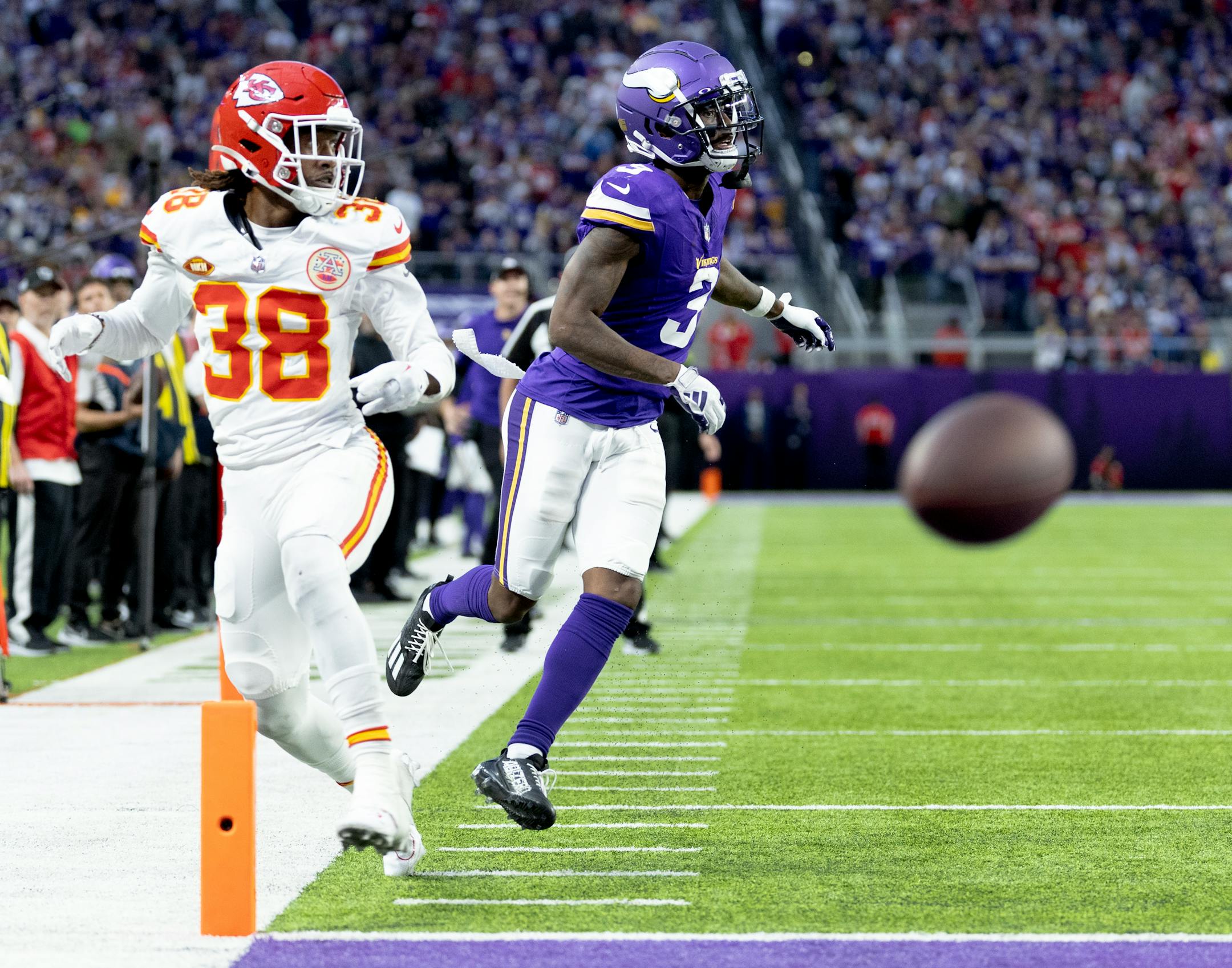 L'jarius Sneed (38) Kansas City Chiefs tangled up with Minnesota Vikings receiver Jordan Addison (3) in the fourth quarter. No flag on the play. A flag was thrown on the next play involving Addison but no penalty was called on the play.