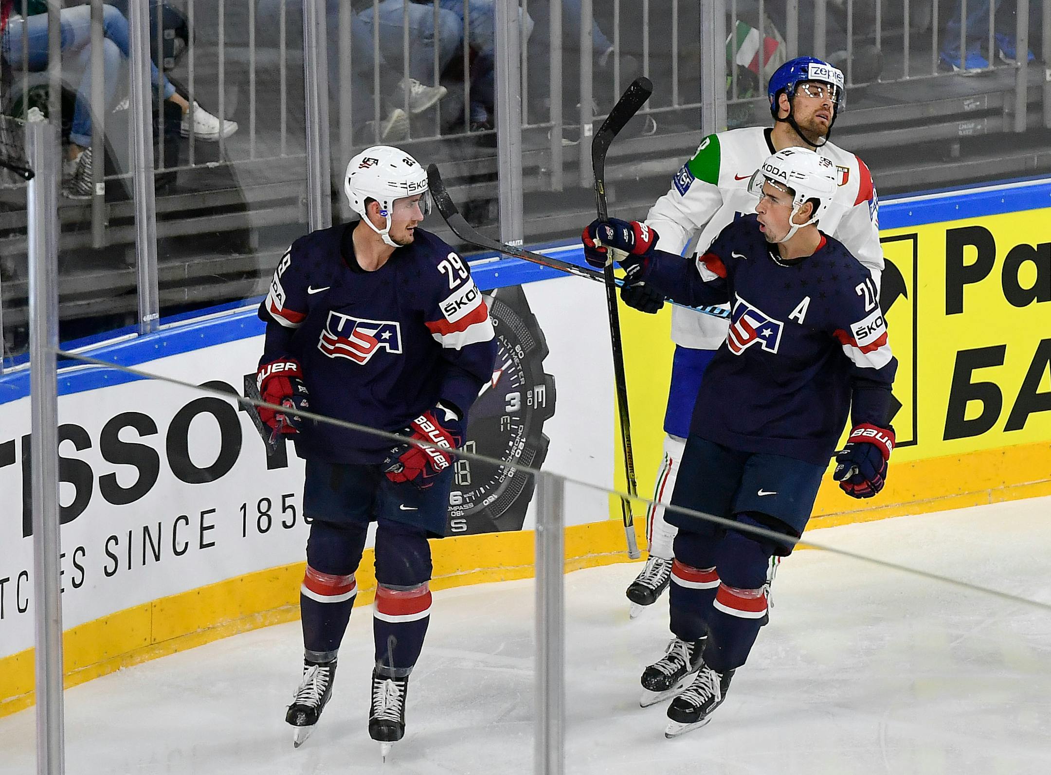 U.S. forward Brock Nelson, left, celebrated a goal with Dylan Larkin, during the Americans' 3-0 victory over Italy in the World Hockey Championship on Wednesday in Cologne, Germany.