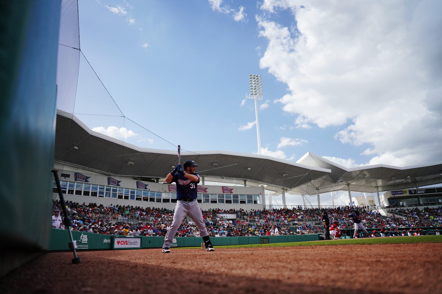 Twins outfielder Robbie Grossman (36) on deck in the seventh inning. ] MARK VANCLEAVE &#xef; mark.vancleave@startribune.com * The Minnesota Twins played the Boston Red Sox at JetBlue Park in Fort Myers, Florida on Friday, Feb. 23, 2018.