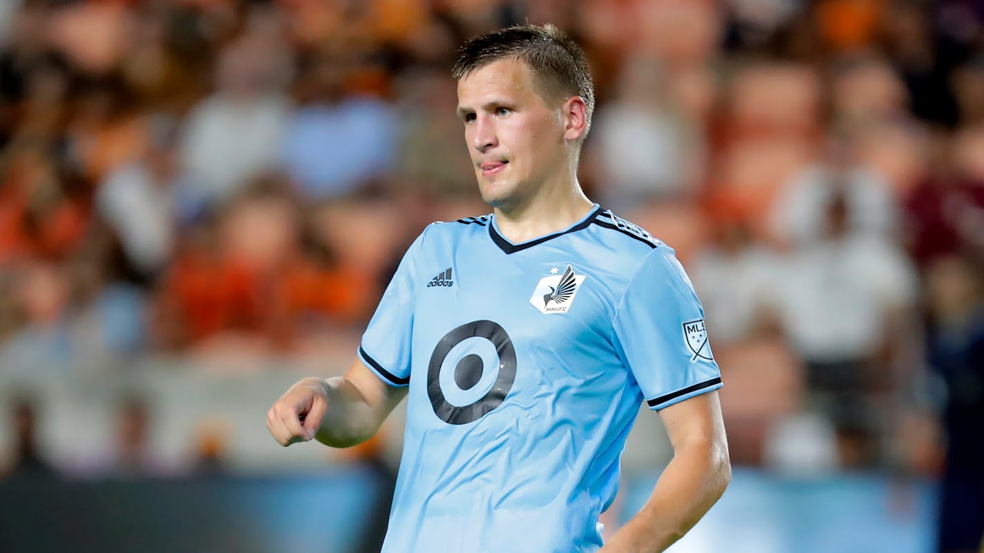 Minnesota United midfielder Robin Lod during the second half of an MLS soccer match against the Houston Dynamo Saturday, July 23, 2022, in Houston. (AP Photo/Michael Wyke)