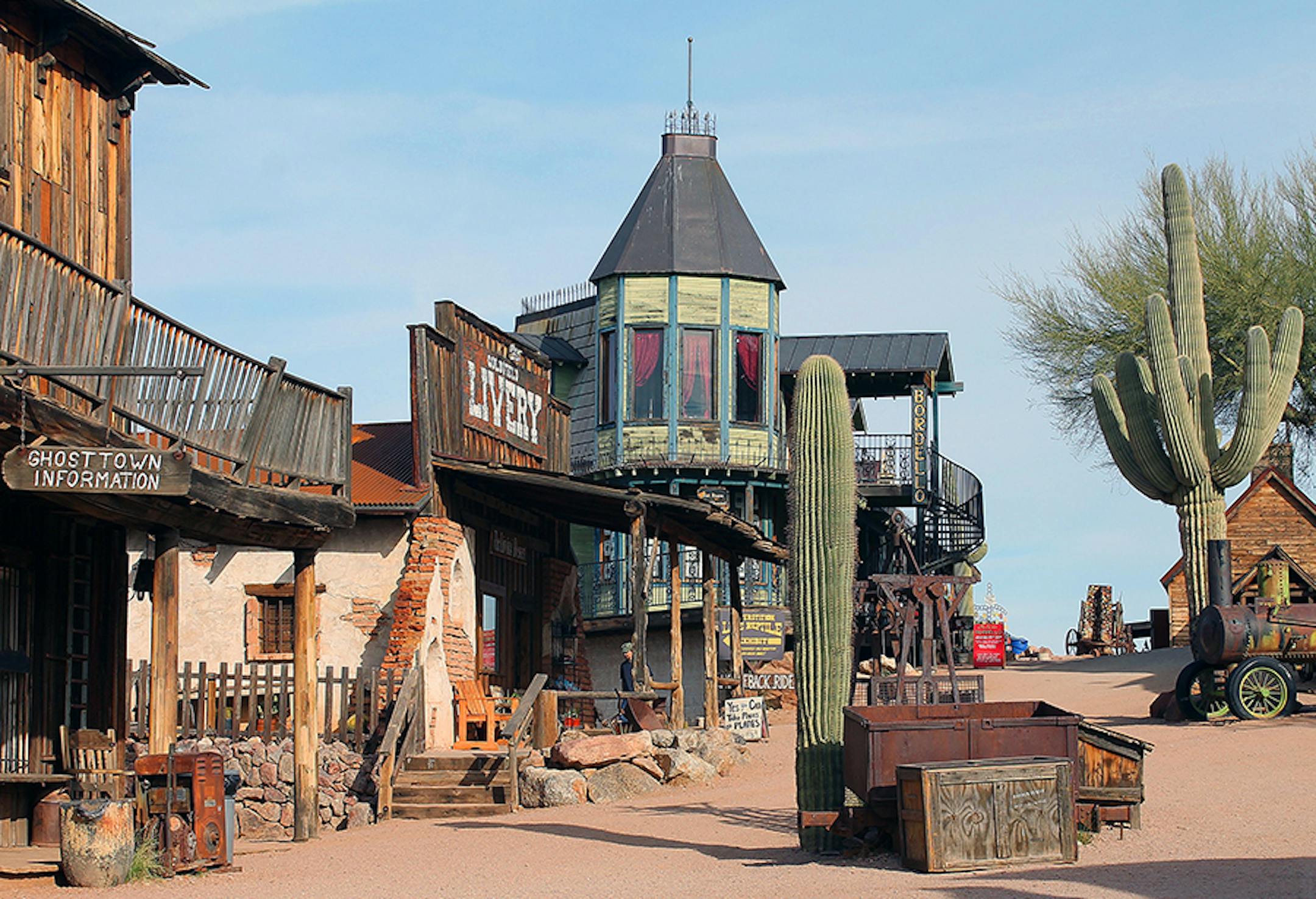 The main street of Goldfield Ghost Town, along Arizona's Apache Trail, is lined with shops for tourists.