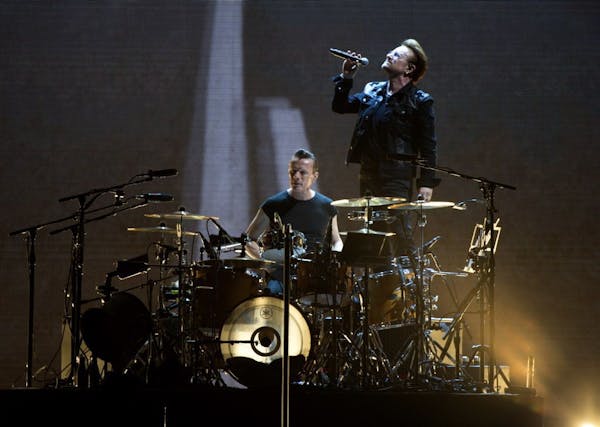 Bono and Larry Mullen Jr. of U2 perform on Sunday, May 21, 2017 in Pasadena, Calif.