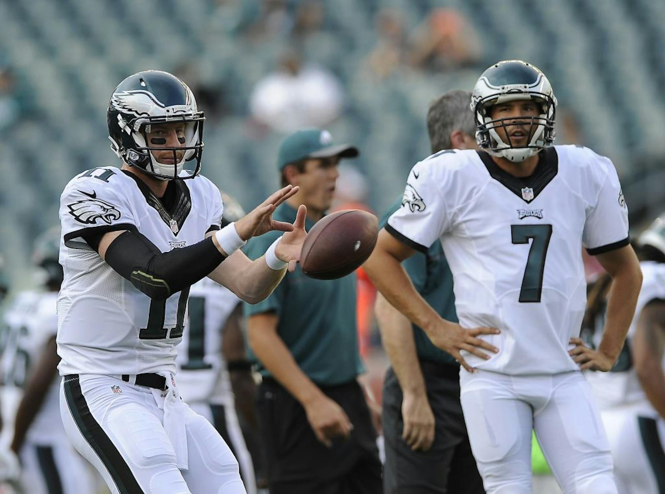 Sam Bradford and Carson Wentz during the preseason before Bradford was traded to the Vikings and Wentz was installed as Philadelphia's starting quarterback.