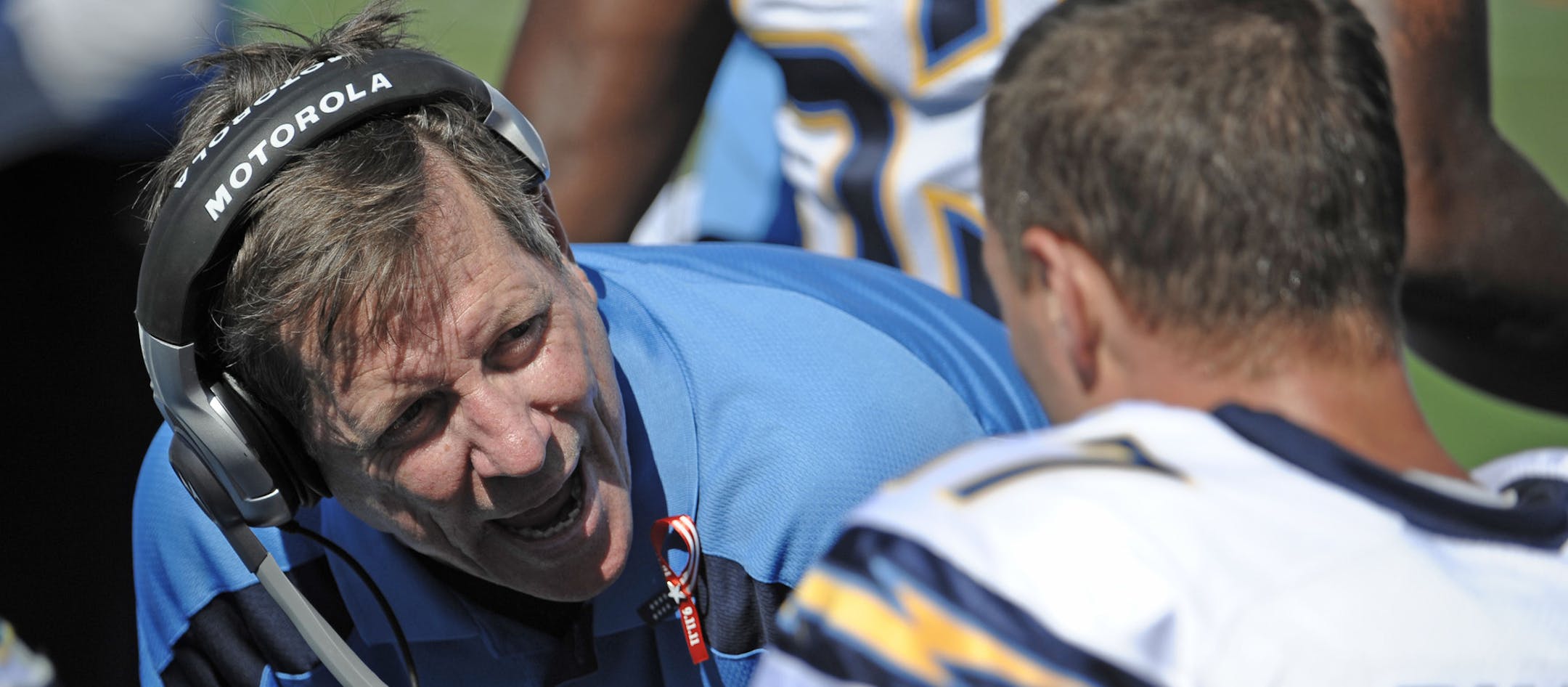 San Diego Chargers head coach Norv Turner talks with quarterback Philip Rivers (17) during an NFL football game against Minnesota Vikings Sunday, Sept. 11, 2011 in San Diego. (AP Photo/Denis Poroy) ORG XMIT: NYWWP