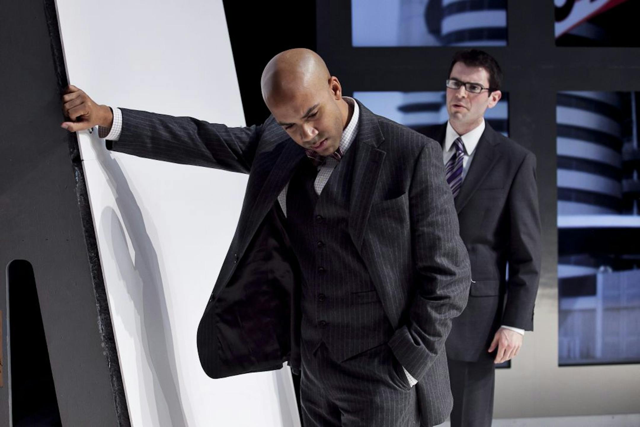 Will Sturdivant (Brutus) and Sid Solomon (Cassius) were among the actors interrupted by a medical incident in the audience Sunday during "Julius Caesar" at the Guthrie.