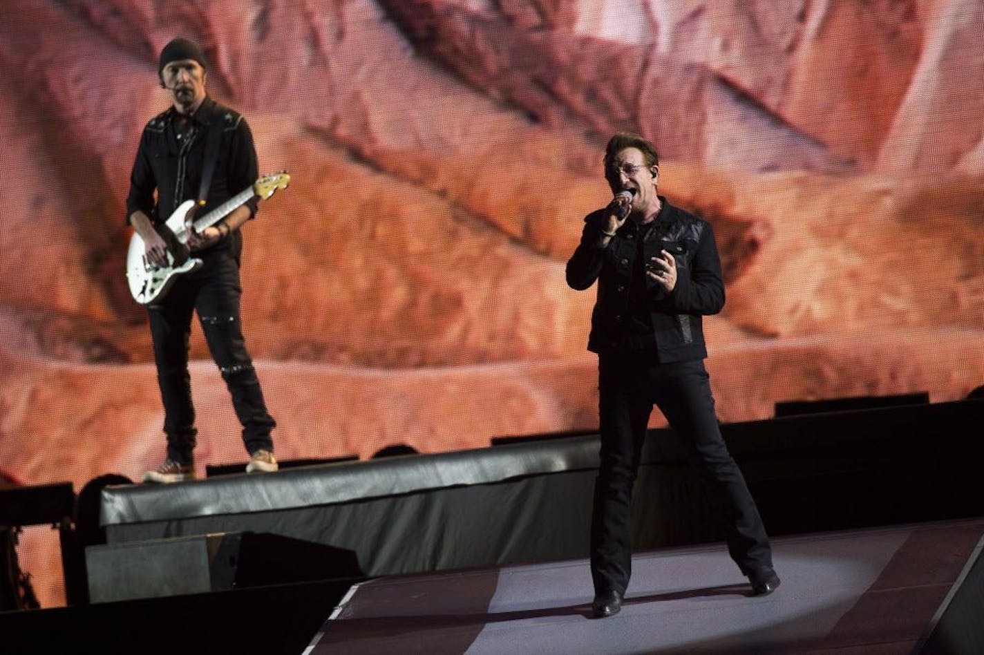 The Edge and Bono perform on Sunday, May 21, 2017 in Pasadena, Calif.