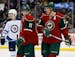 In this Nov. 27, 2015, file photo, Wild left wing Zach Parise talks with defenseman Ryan Suter. The two are linked as the players who lifted the Wild 