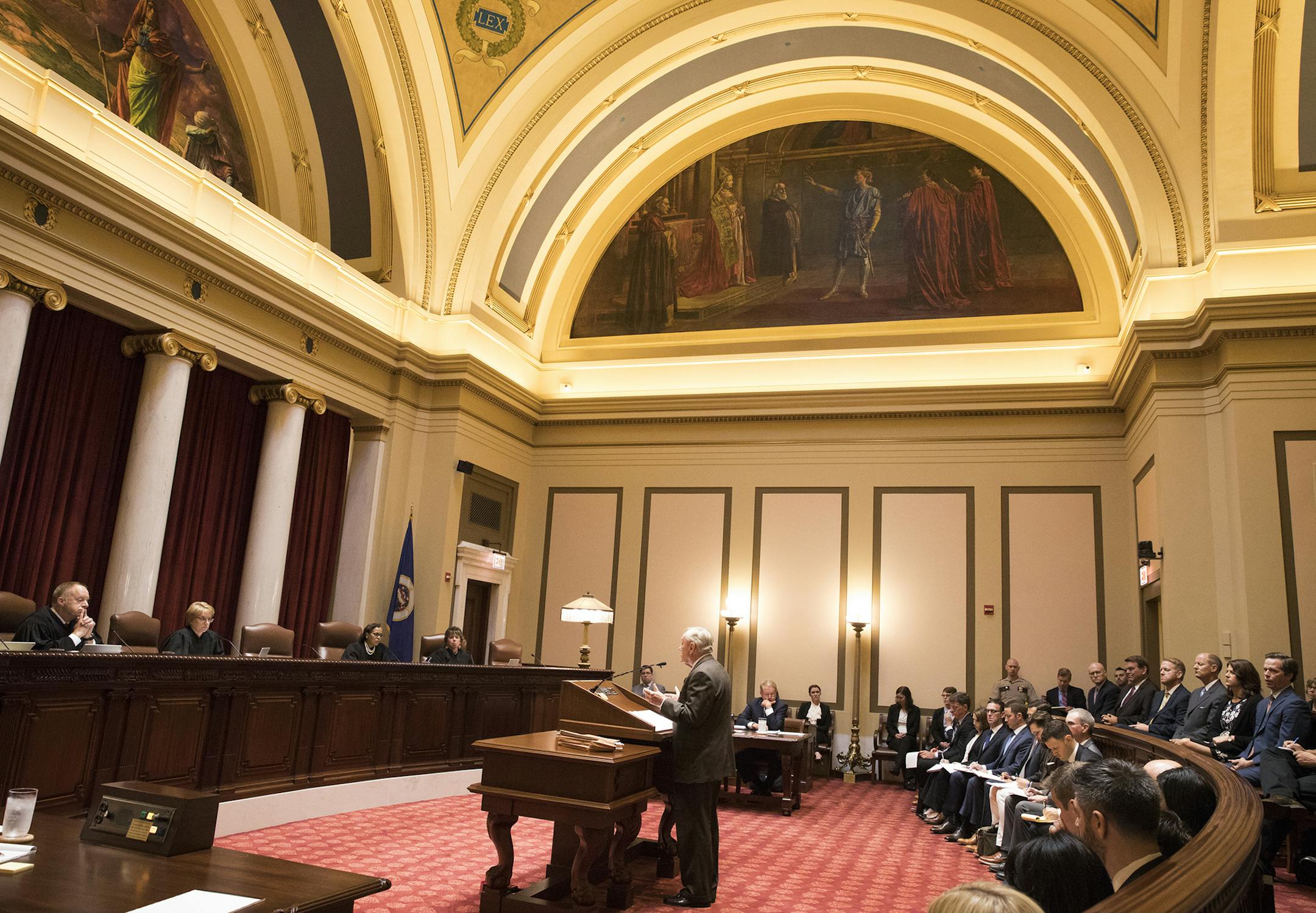 Sam Hanson, the attorney representing Gov. Mark Dayton, delivers his oral arguments before the Minnesota Supreme Court at the Capitol in St. Paul, Minn., Monday, Aug. 28, 2017, in the appeals case after the governor's attempt to eliminate funding for the Minnesota Legislature resulted in the Legislature suing him. (Leila Navidi/Star Tribune via AP) ORG XMIT: MIN2017082914125740 ORG XMIT: MIN1708291416263764