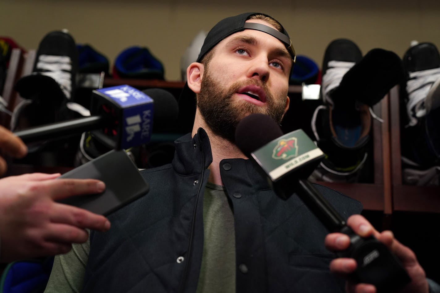 Minnesota Wild left winger Jason Zucker (16) spoke with reporters in the locker room Tuesday. ] ANTHONY SOUFFLE &#x2022; anthony.souffle@startribune.com Minnesota Wild general manager Paul Fenton and head coach Bruce Boudreau gave a press conference as players emptied out the locker room days after the team's season ending loss to the Nashville Predators Tuesday, April 9, 2019 at the Xcel Energy Center in St. Paul, Minn.