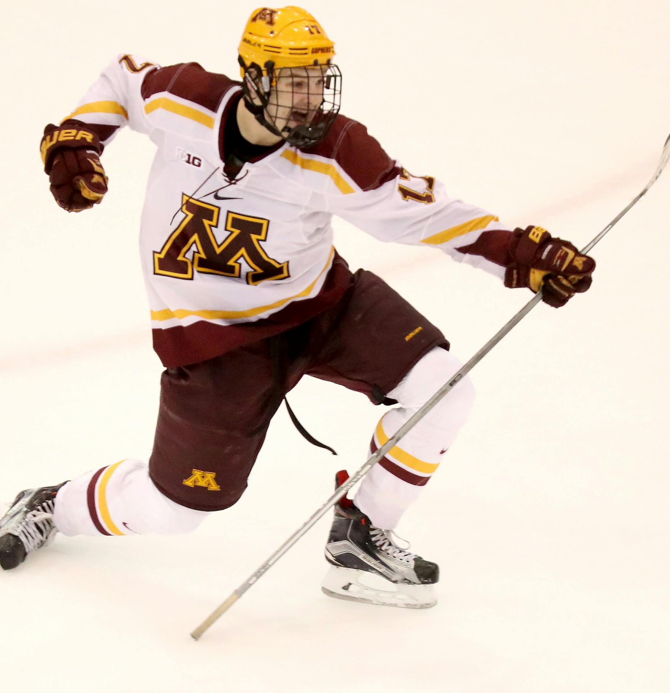 The University of Minnesota's Tommy Novak's celebrates his second goal of the game during the third perid of the Gophers 5-5 tie with the University of North Dakota Friday Nov. 4, 2016, at Mariucci Arena on the University of Minnesota campus in Minneapolis, MN.](DAVID JOLES/STARTRIBUNE)djoles@startribune.com North Dakota at at the University of Minnesota Gophers ORG XMIT: MIN1611042207121251