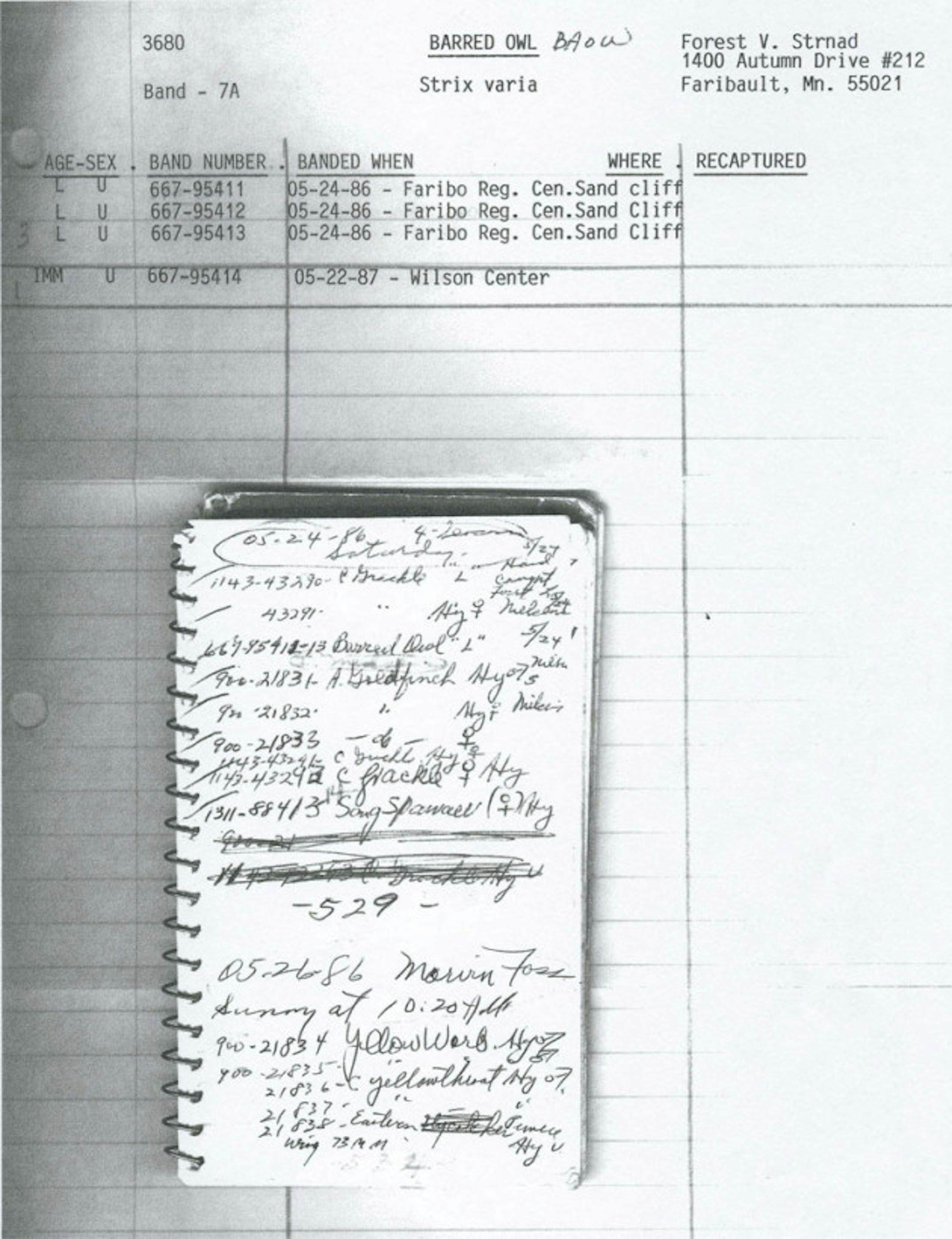 Field notes taken by Forest Strnad in 1986.