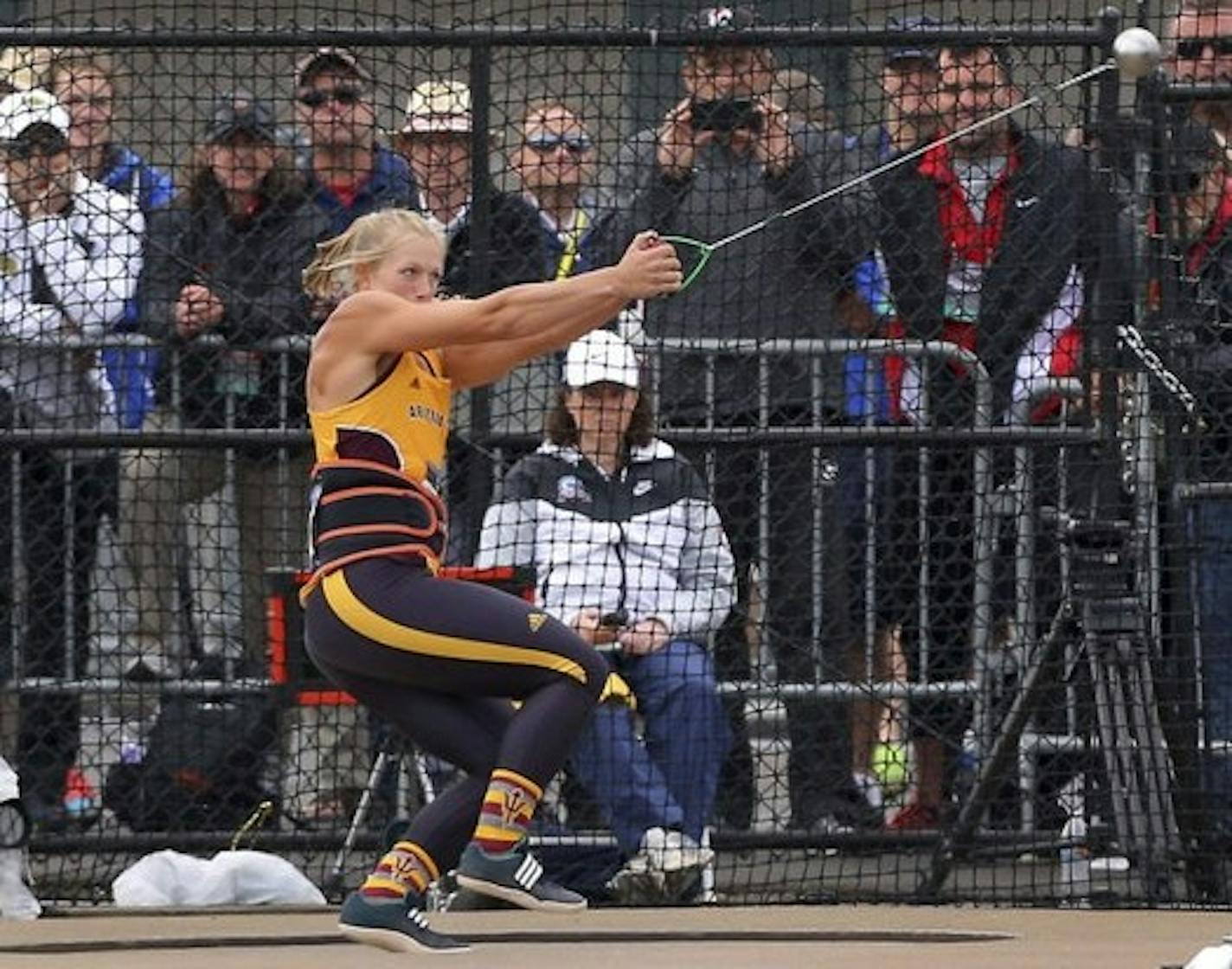 Maggie Ewen of Arizona State sets an NCAA collegiate record with a hammer throw of 240 feet, 7 inches in the NCAA outdoor track and field championships, then threw farther in the U.S. championships to advance to the world championships.