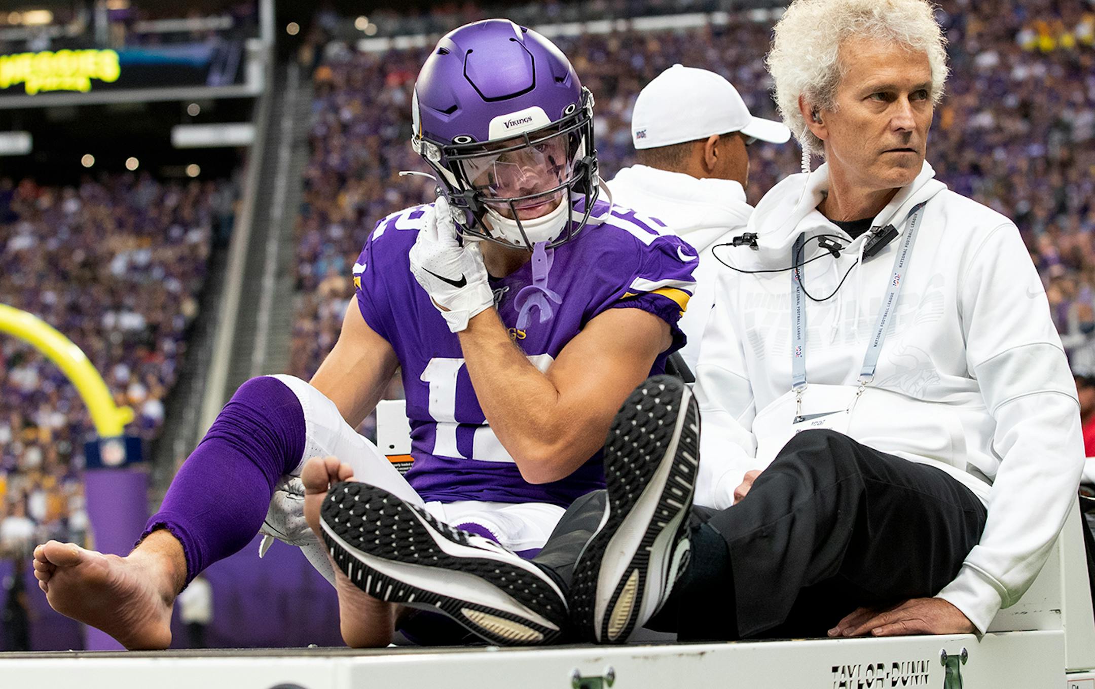 Minnesota Vikings receiver Chad Beebe was carted off the field in the third quarter.