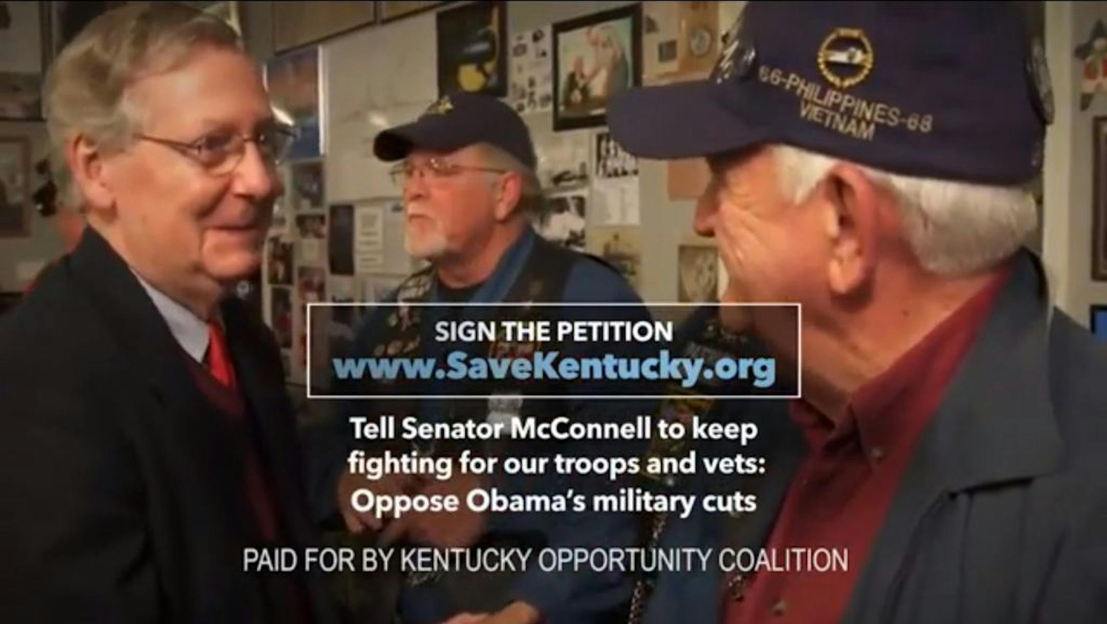 In this image from video from an ad released by the group Kentucky Opportunity Coalition, Sen. Mitch McConnell, R-Ky., shakes hands with a Vietnam veteran. The high-quality footage is just sitting McConnell's campaign website, available to anybody who might want to make it part of a campaign commercial.