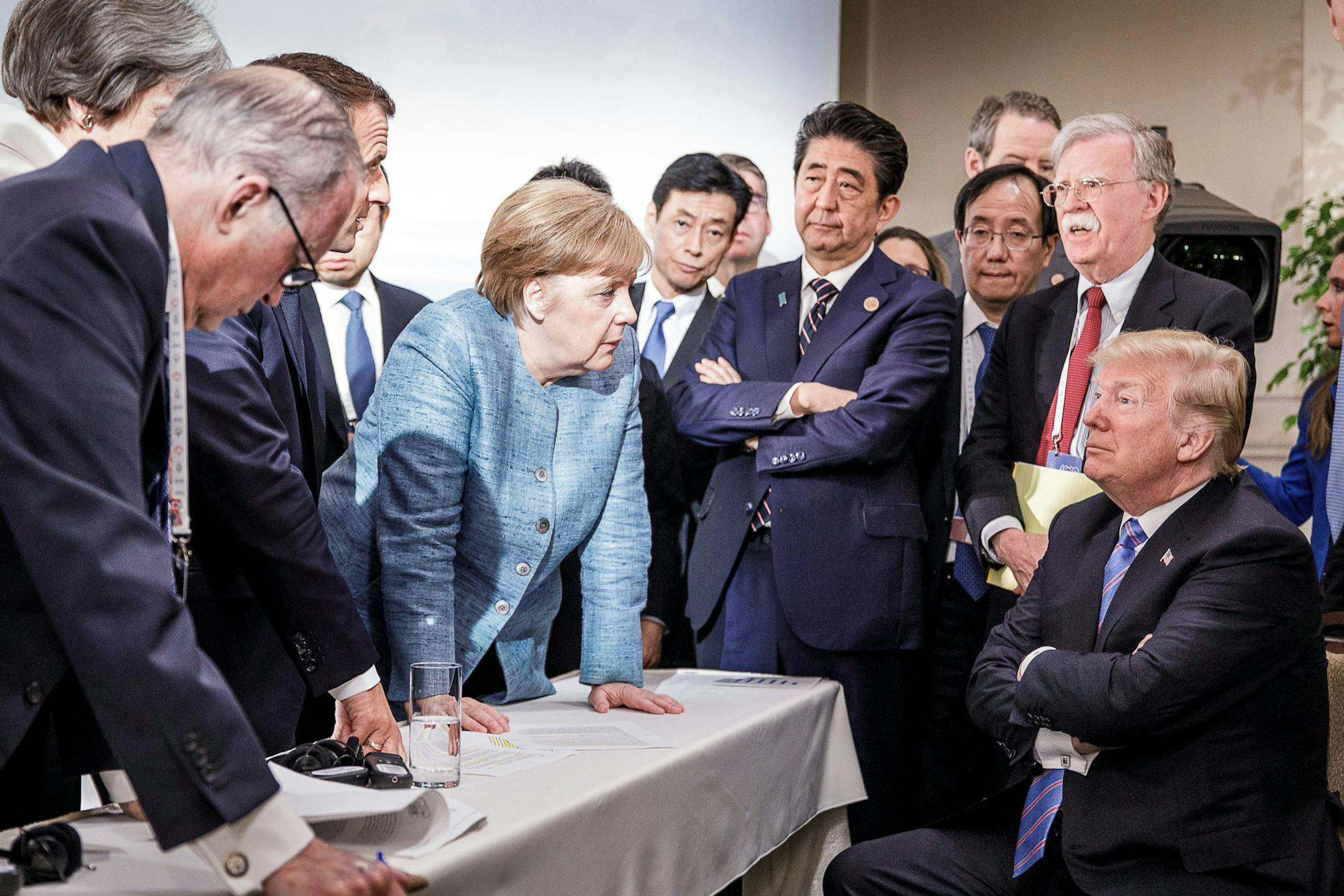 German Chancellor Angela Merkel speaks with President Donald Trump during the Group of 7 summit meeting in La Malbaie, Quebec, Canada, June 9, 2018. The photo quickly went viral after it was shared on Merkelís Instagram account. (Jesco Denzel/German Federal Government via The New York Times) ó FOR EDITORIAL USE ONLY ó