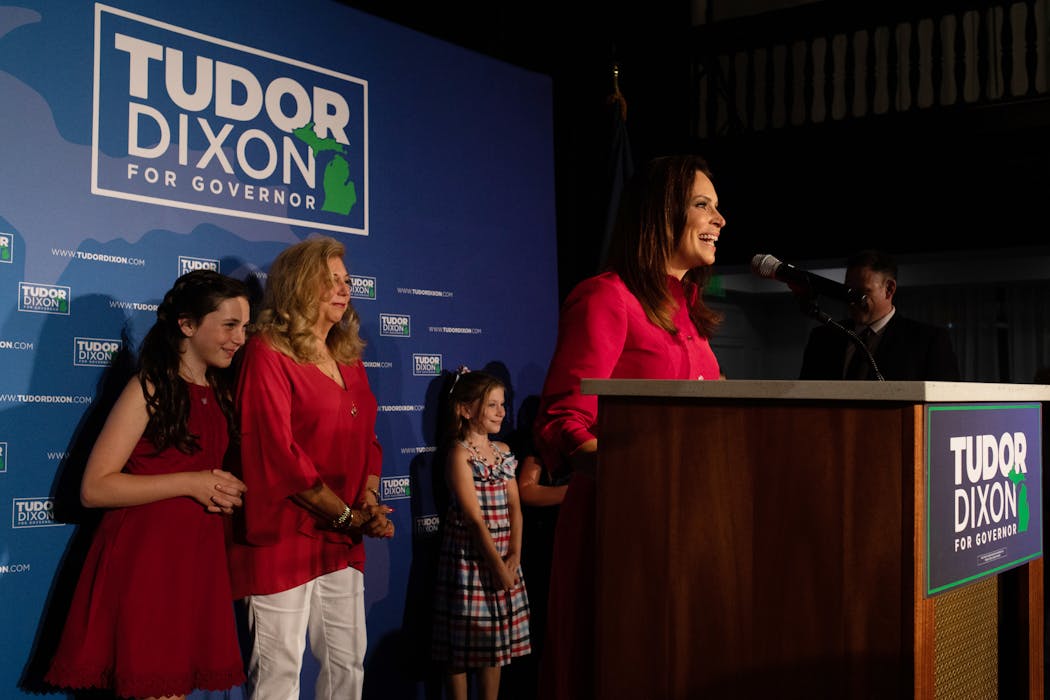 Tudor Dixon, a former conservative media personality, addressed supporters after securing the Republican nomination for governor in Michigan, in Grand Rapids, Aug. 2, 2022. Dixon has at times falsely claimed that Donald Trump carried the state in 2020. 