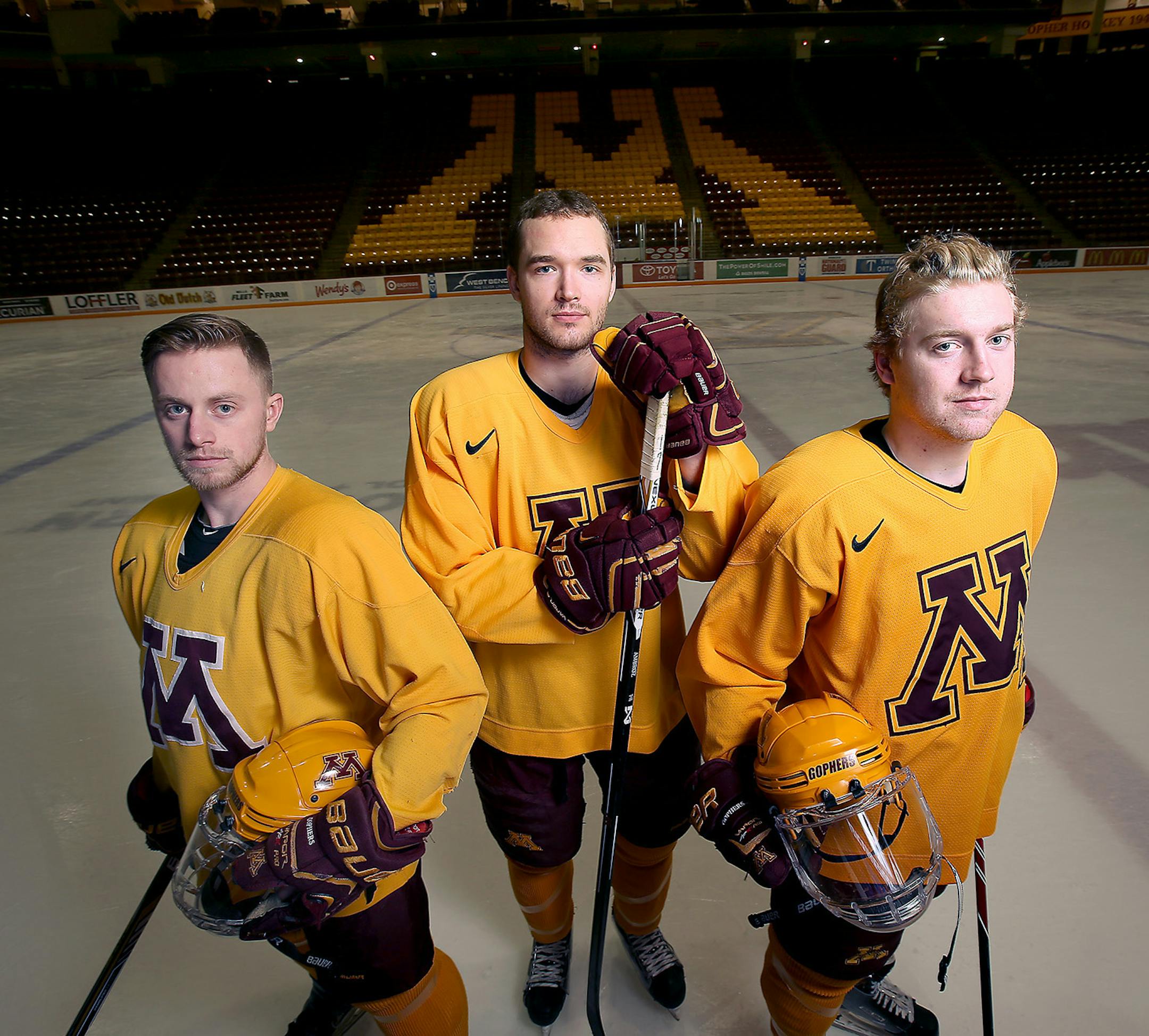 Minnesota's all-senior line from left, Travis Boyd , Seth Ambroz and Sam Warning took the ice for a photo, Wednesday, March 4, 2015 at Mariucci Arena in Minneapolis, MN. ] (ELIZABETH FLORES/STAR TRIBUNE) ELIZABETH FLORES ï eflores@startribune.com