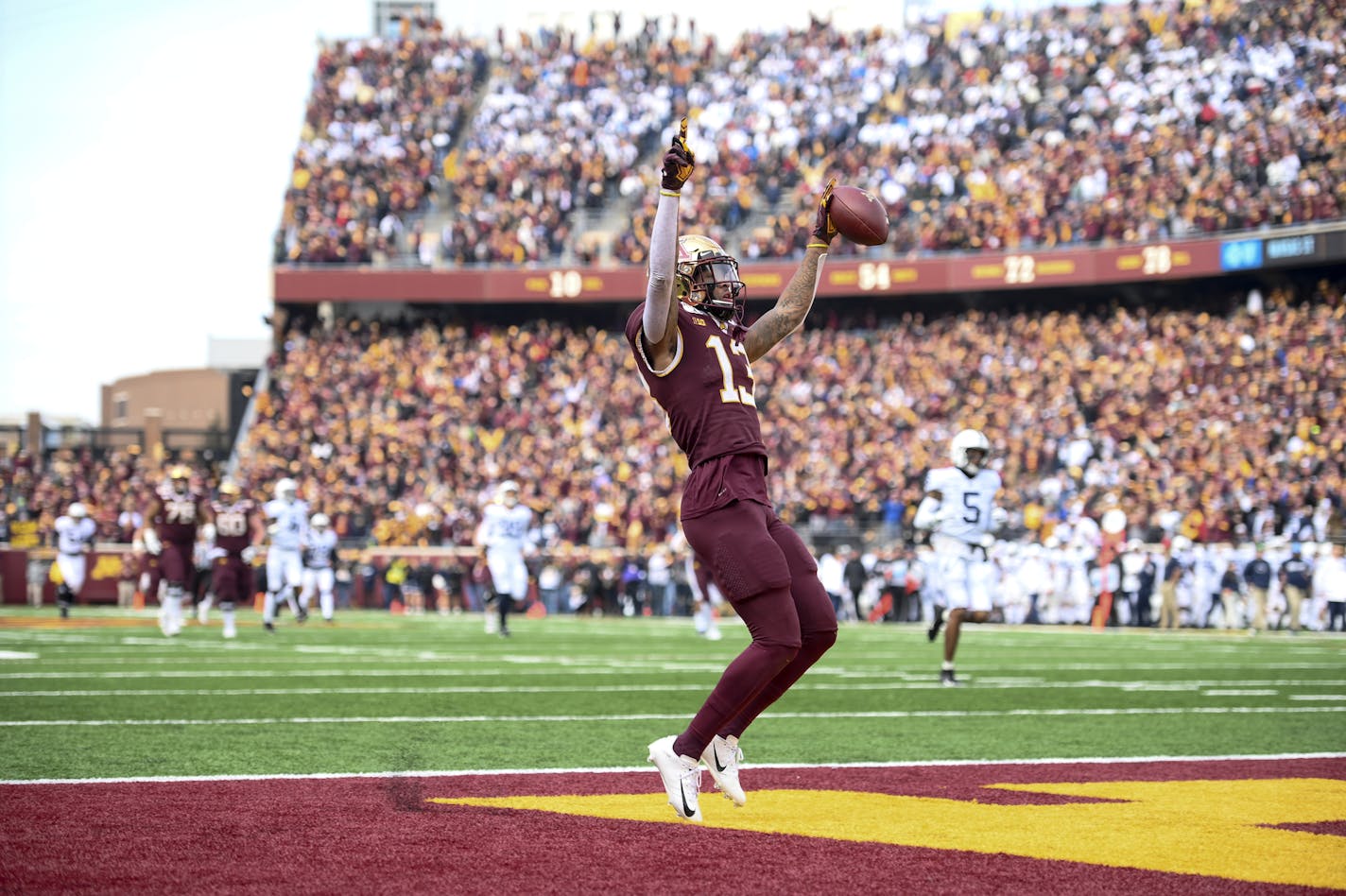 Minnesota Gophers wide receiver Rashod Bateman (13) celebrated his first quarter touchdown against Penn State. ] Aaron Lavinsky &#x2022; aaron.lavinsky@startribune.com The Minnesota Gophers played the Penn State Nittany Lions on Saturday, Nov. 9, 2019 at TCF Bank Stadium in Minneapolis, Minn.