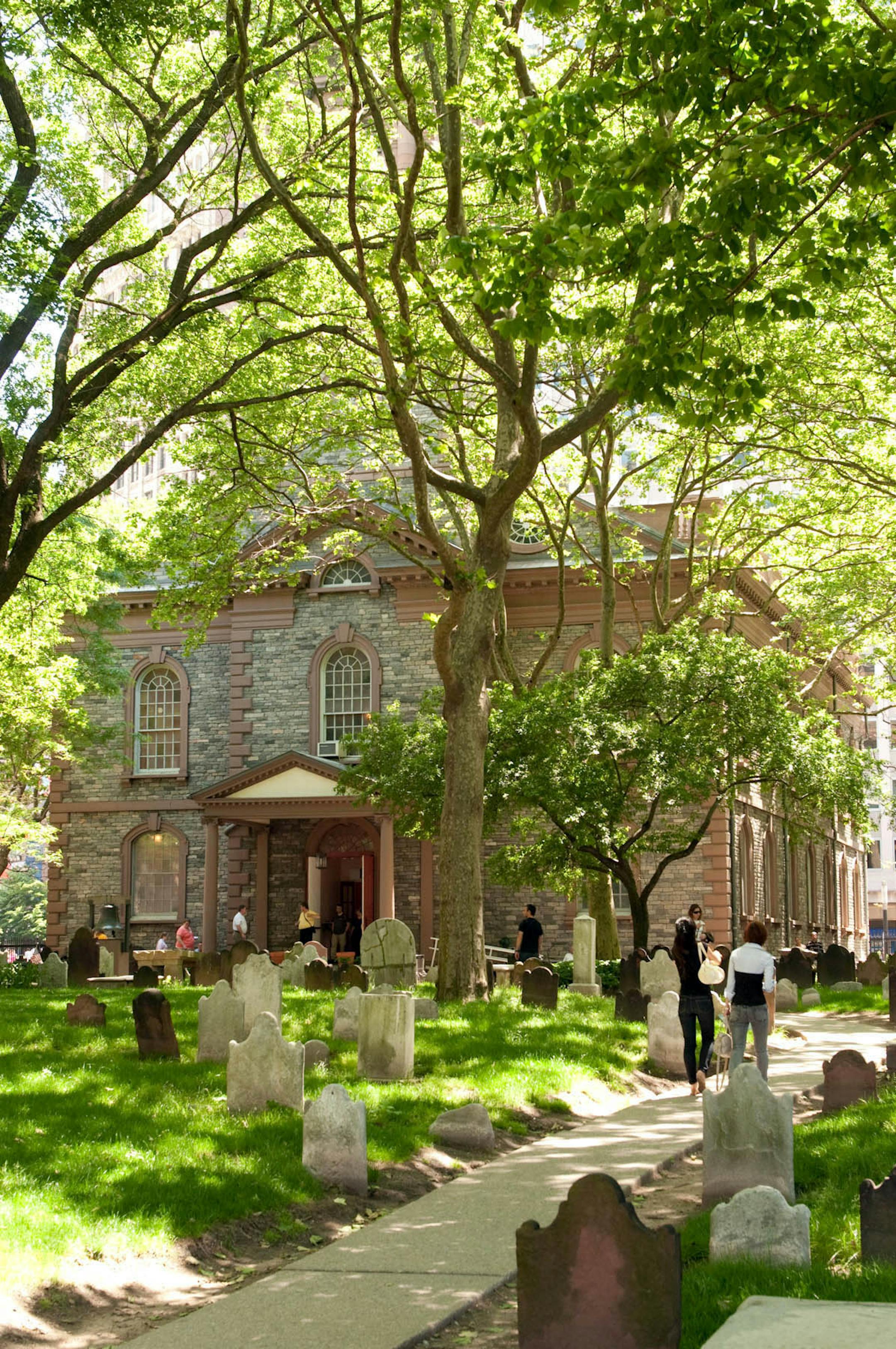 The churchyard of St. Paul's Chapel, which became a place for rescue workers to rest and pray after the 9/11 terrorist attacks in New York City. Along with providing religious services, the interior of the church includes several small-scale displays and memorials to the attacks. Entry is free, but donations are accepted.