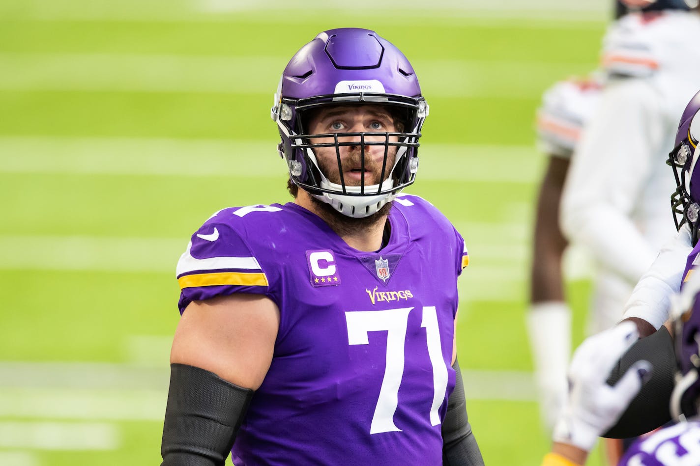 Minnesota Vikings offensive tackle Riley Reiff (71) looks on in the first quarter during an NFL football game against the Chicago Bears, Sunday, Dec. 20, 2020, in Minneapolis. The Bears defeated the Vikings 33-27. (AP Photo/David Berding)