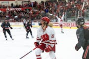 Wisconsin's Casey O'Brien celebrates after scoring against Ohio State during the third period of a game last month.