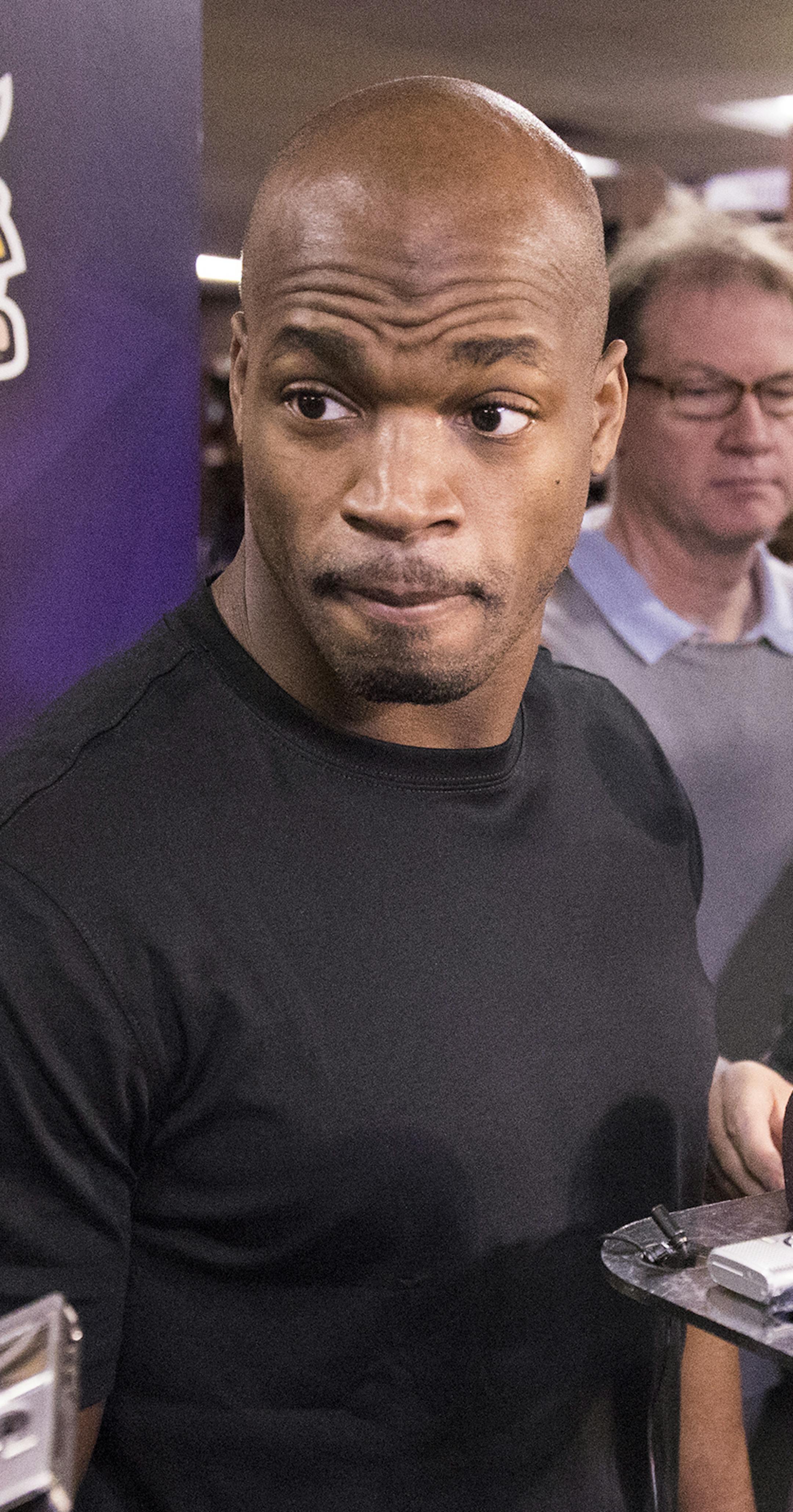 Adrian Peterson speaks to the media. ] (Leila Navidi/Star Tribune) leila.navidi@startribune.com BACKGROUND INFORMATION: Vikings players pack up their lockers at Winter Park in Eden Prairie on Monday, January 2, 2017 at the end of the season.