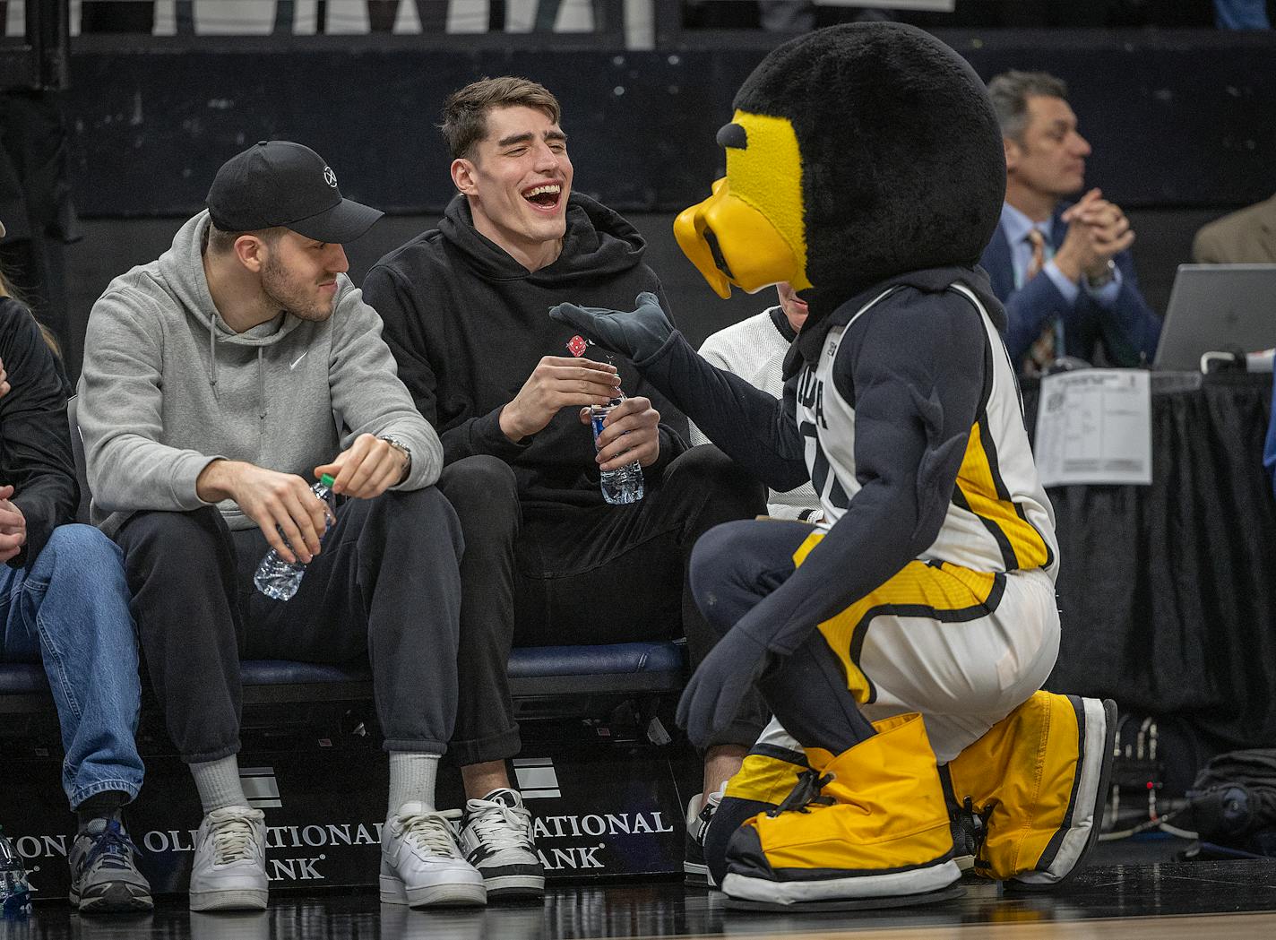 Former Iowa Hawkeye and current Timberwolves forward Luka Garza, center, made an appearance during the Big Ten women's Championship basketball game on Sunday, March 5, 2023 at Target Center in Minneapolis, MN. ] Elizabeth Flores • liz.flores@startribune.com