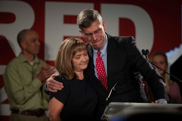 Congressman Erik Paulsen hugged his wife Kelly Paulsen after giving his concession speech at the Republican Party of Minnesota headquarters at the Dou