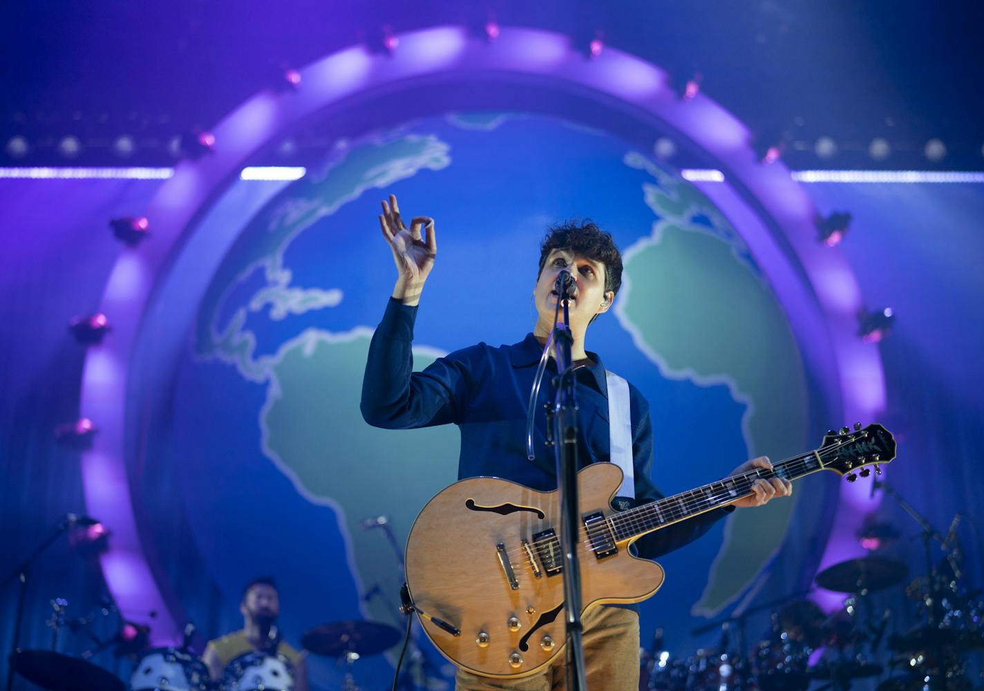 Lead singer and guitarist Ezra Koenig early in Vampire Weekend's set at The Armory Sunday night. ] JEFF WHEELER &#x2022; jeff.wheeler@startribune.com Vampire Weekend performed at The Armory in Minneapolis Sunday night, June 9, 2019.