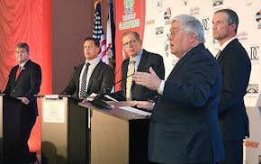 West Virginia gubernatorial candidates, from left, Mac Warner, Chris Miller, moderator and MetroNews Radio host Hoppy Kercheval, Attorney General Patr
