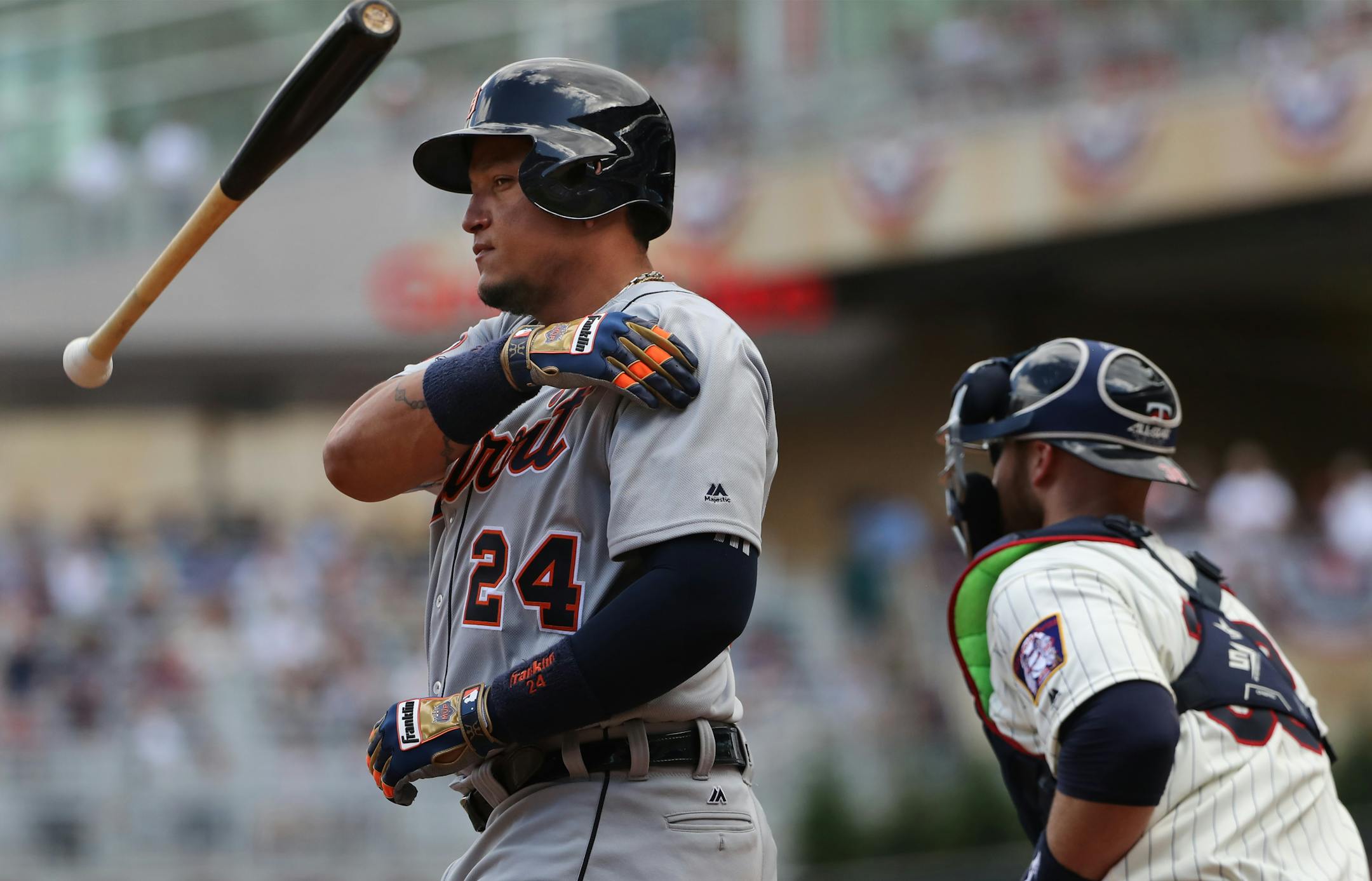 The Tigers' Miguel Cabrera threw his bat in disgust after he struck out for Detroit's final out in the seventh inning. ] Twins vs Tigers at Target Field on 7/23/17.Richard Tsong-Taatarii/Richard Tsong-taatarii@startribune.com