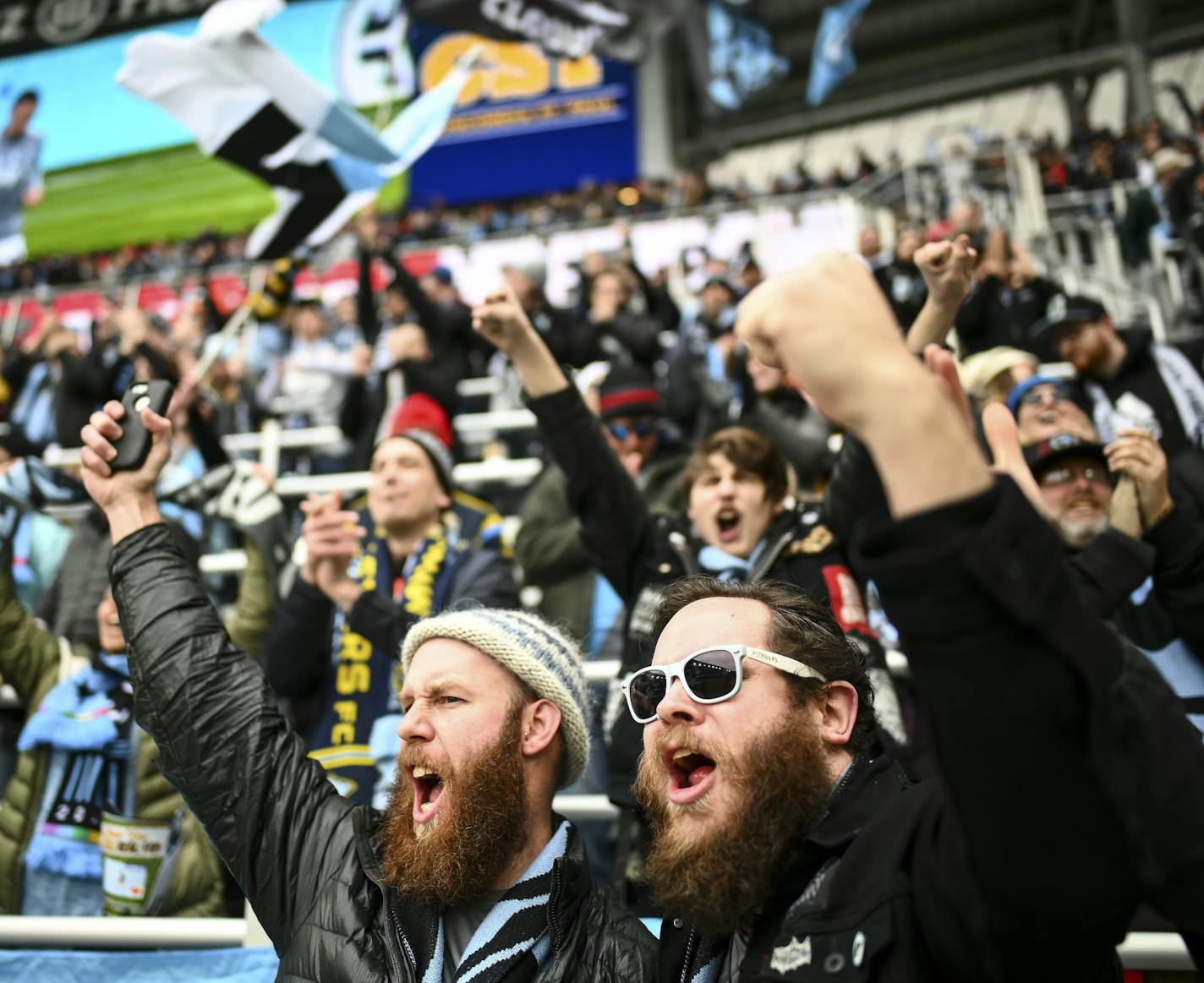 Minnesota United supporters Eric Stevens, left, from Mississippi, and Dan Vitale, of Seattle, cheered as their team took the field for warmups Saturday. ] Aaron Lavinsky &#xa5; aaron.lavinsky@startribune.com Minnesota United played NYC FC on Saturday, April 13, 2019 at Allianz Field in St. Paul, Minn.