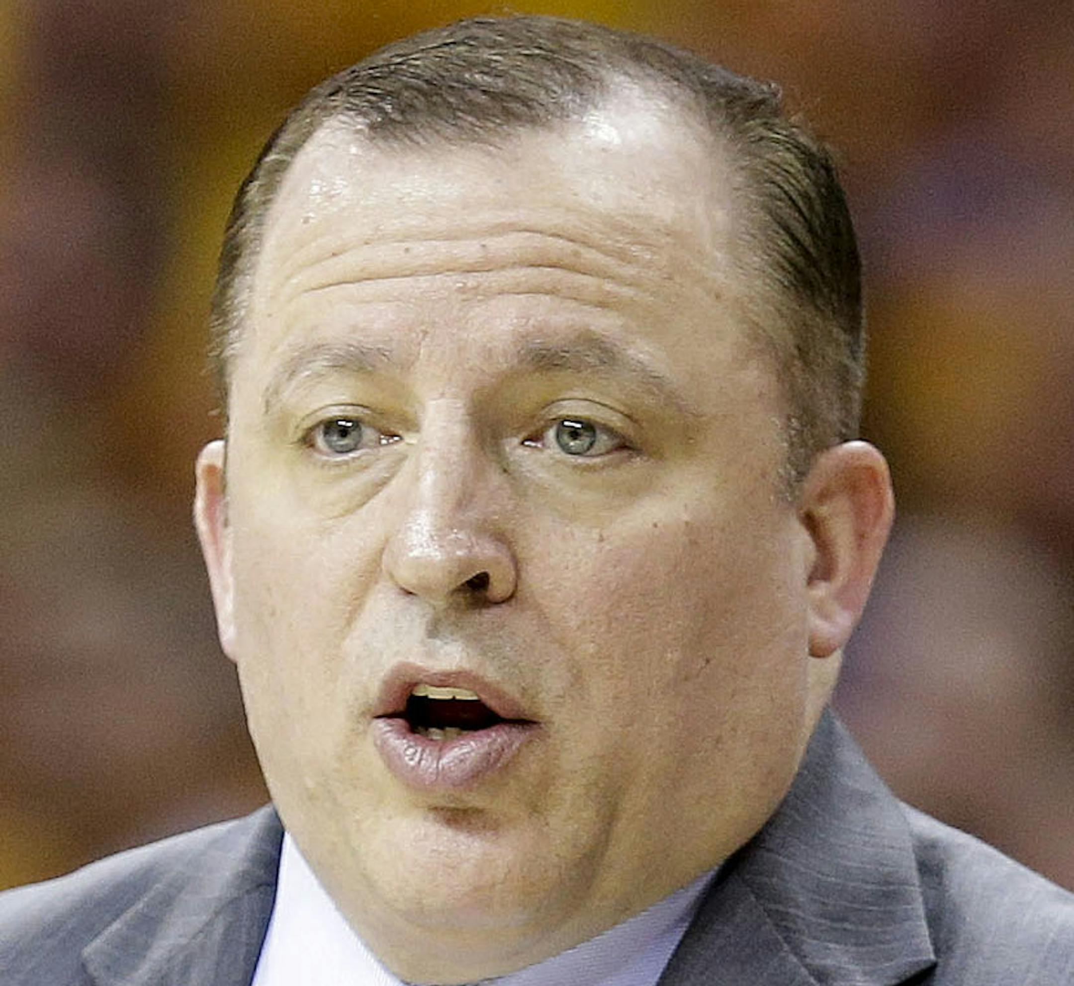 Chicago Bulls head coach Tom Thibodeau signals to players during the first half of Game 1 against the Cleveland Cavaliers in a second-round NBA basketball playoff series Monday, May 4, 2015, in Cleveland. (AP Photo/Tony Dejak)