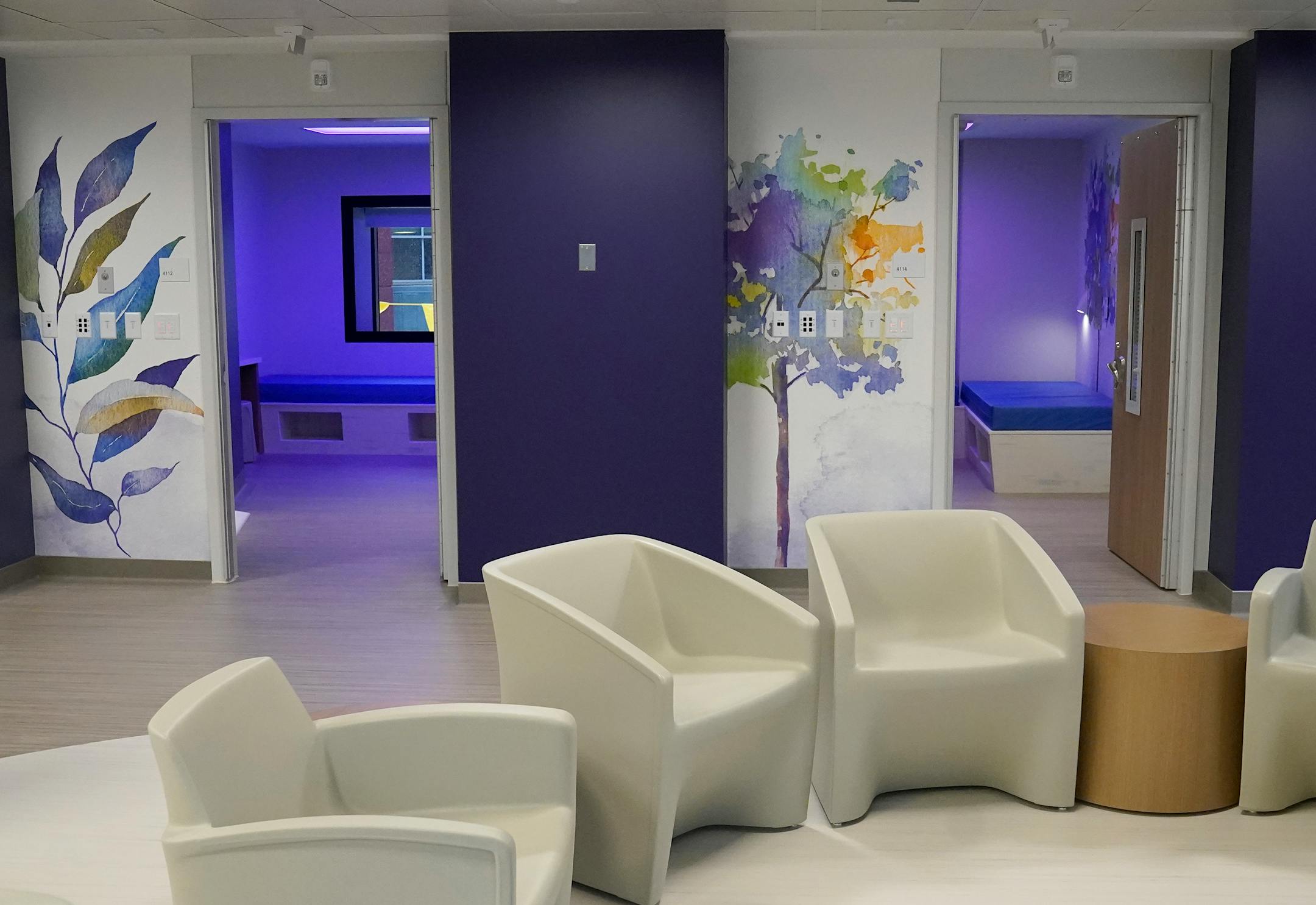 A common area with two of 22 patient's rooms visible at Children's Minnesota inpatient mental health unit, for children ages 6-18,  and seen Thursday, Nov. 17, 2022 in St. Paul, Minn. Children's Minnesota's new mental health inpatient unit is expected to care for more than 1,000 children and adolescents a year.