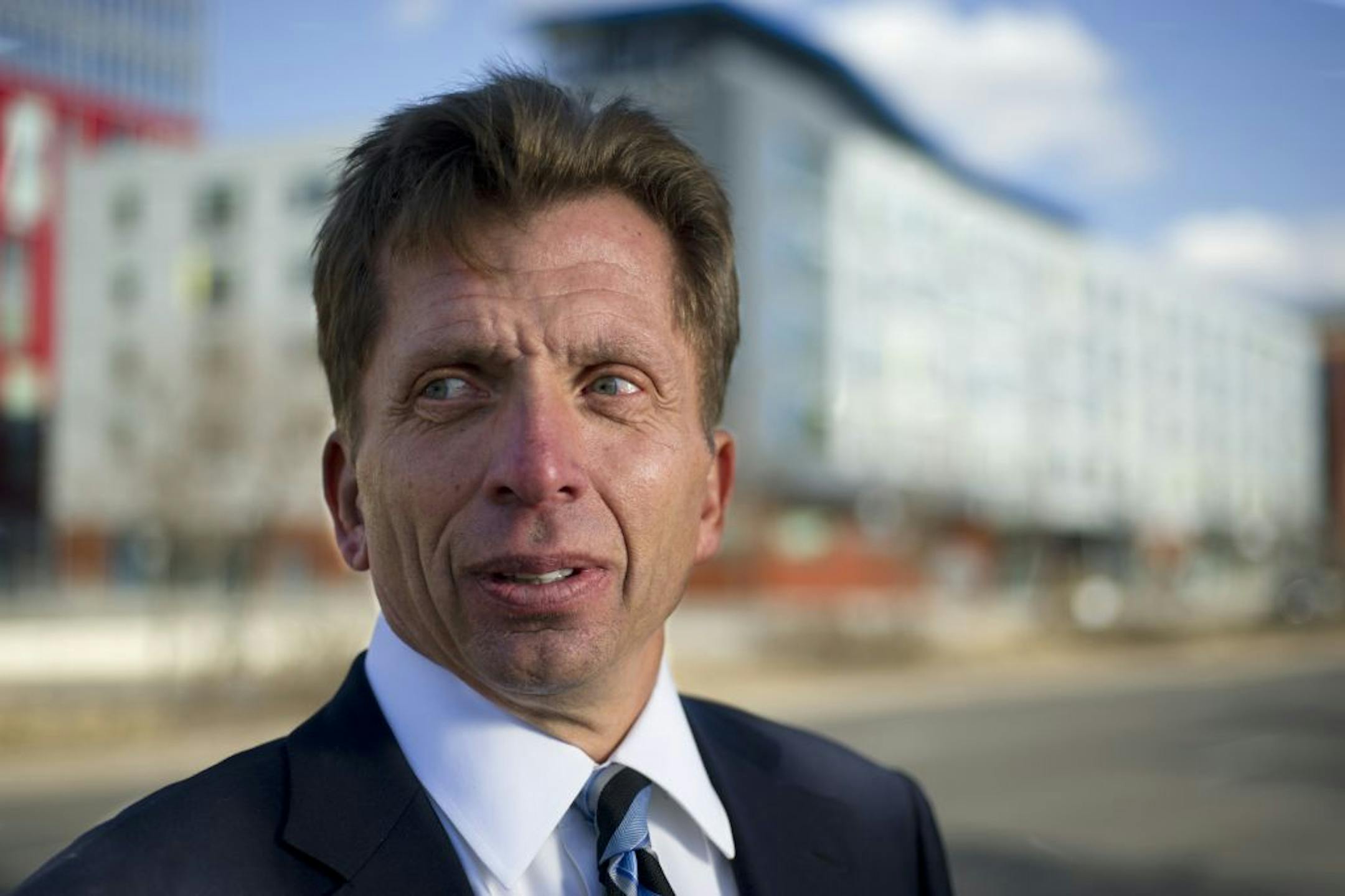 Developer George Sherman in downtown Minneapolis in front of the aLoft Minneapolis Hotel on Washington Ave.