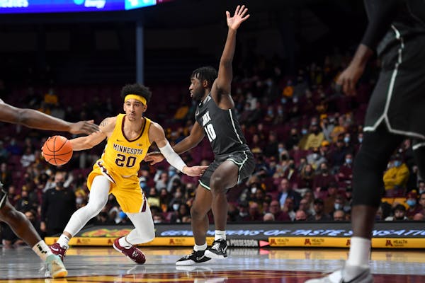 Minnesota Gophers guard E.J. Stephens (20) controls the ball as he was defended by Jacksonville Dolphins guard Gyasi Powell (10) during the first half