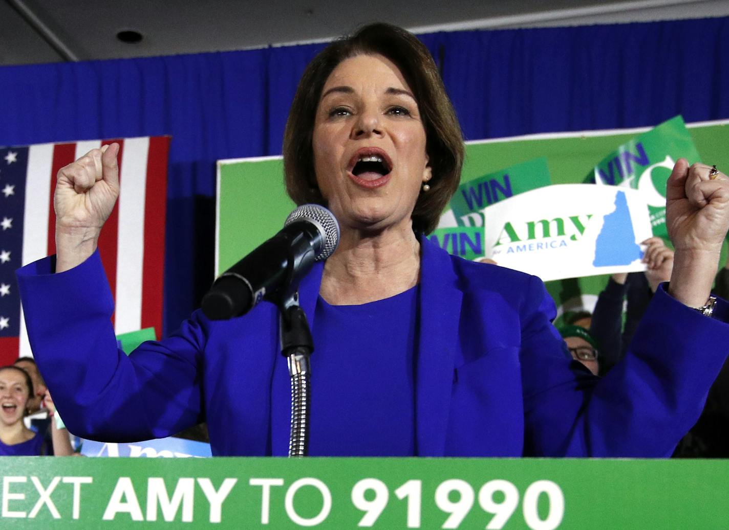 Democratic presidential candidate Sen. Amy Klobuchar, D-Minn., speaks at her election night party, Tuesday, Feb. 11, 2020, in Concord, N.H. (AP Photo/Robert F. Bukaty)