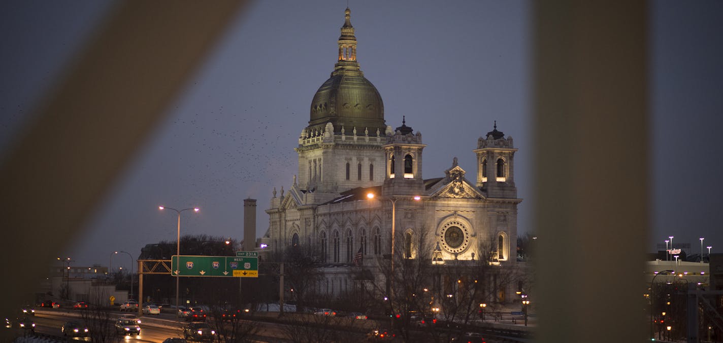 The Basilica of St. Mary is pictured from the Loring Greenway at sunset Wednesday, Jan. 14, 2015 in Minneapolis. ] (Aaron Lavinsky | StarTribune)