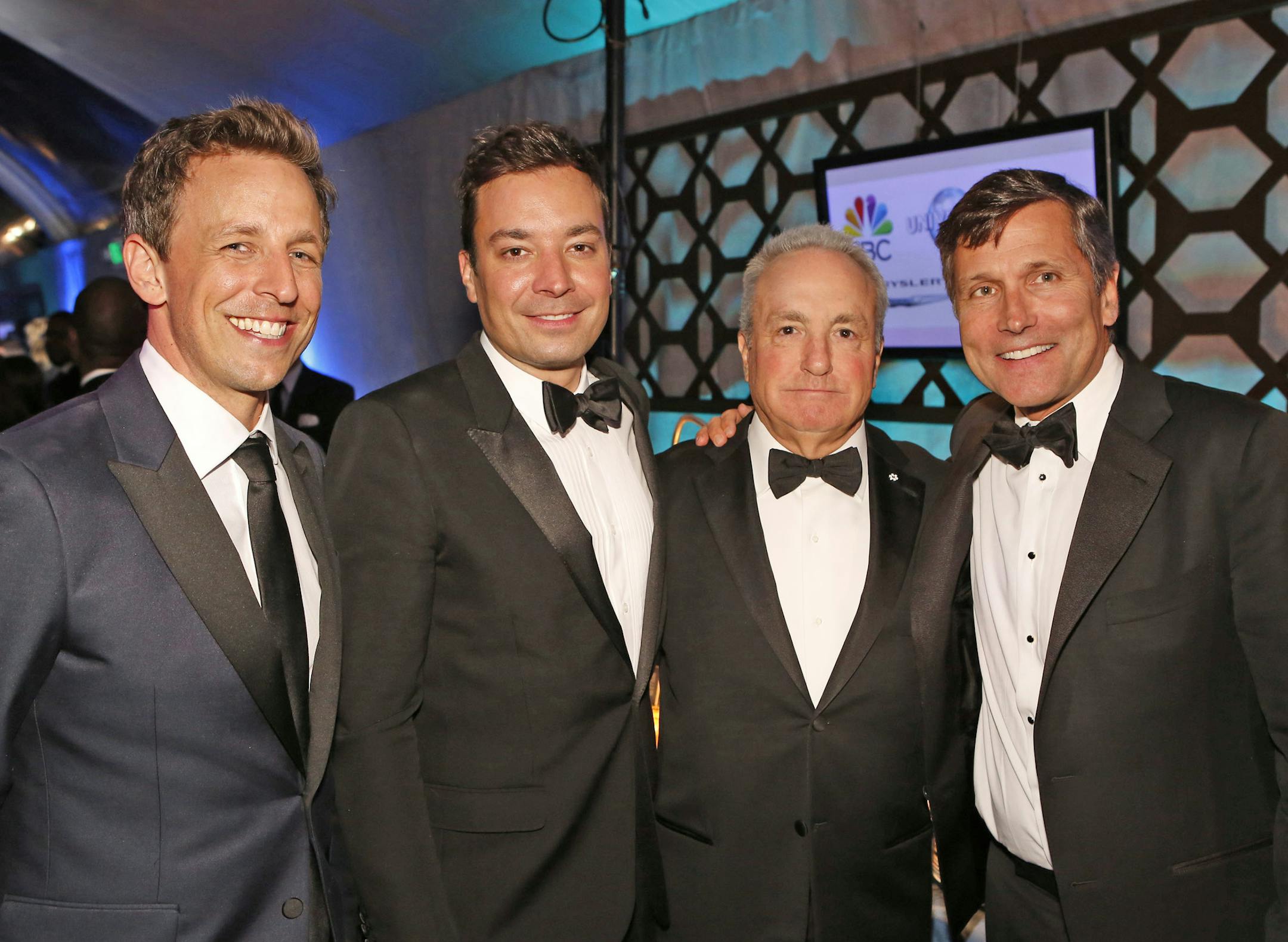 71st ANNUAL GOLDEN GLOBE AWARDS -- Pictured: (l-r) Seth Meyers; Jimmy Fallon; Lorne Michaels; Steve Burke, Chief Executive Officer, NBCUniversal during Universal, NBC, Focus Features, E!, Gold Meets Golden, Sponsored by Chrysler Viewing and After Party held at the Beverly Hilton Hotel, on January 12, 2014 -- (Photo by: Trae Patton/NBC) ORG XMIT: Season:71