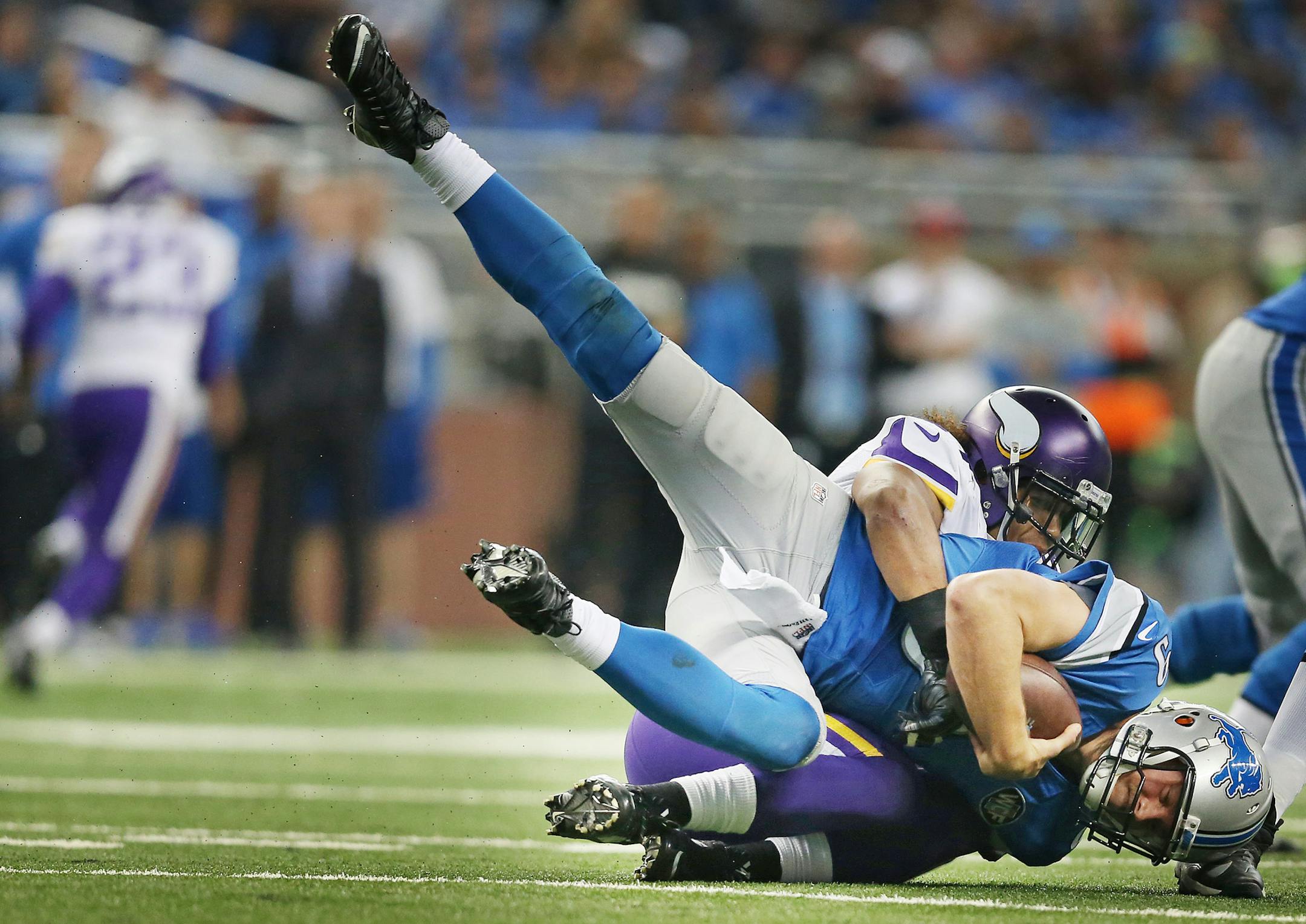 Rookie linebacker Eric Kendricks smothered Matthew Stafford for one of the Vikings’ seven sacks last week.