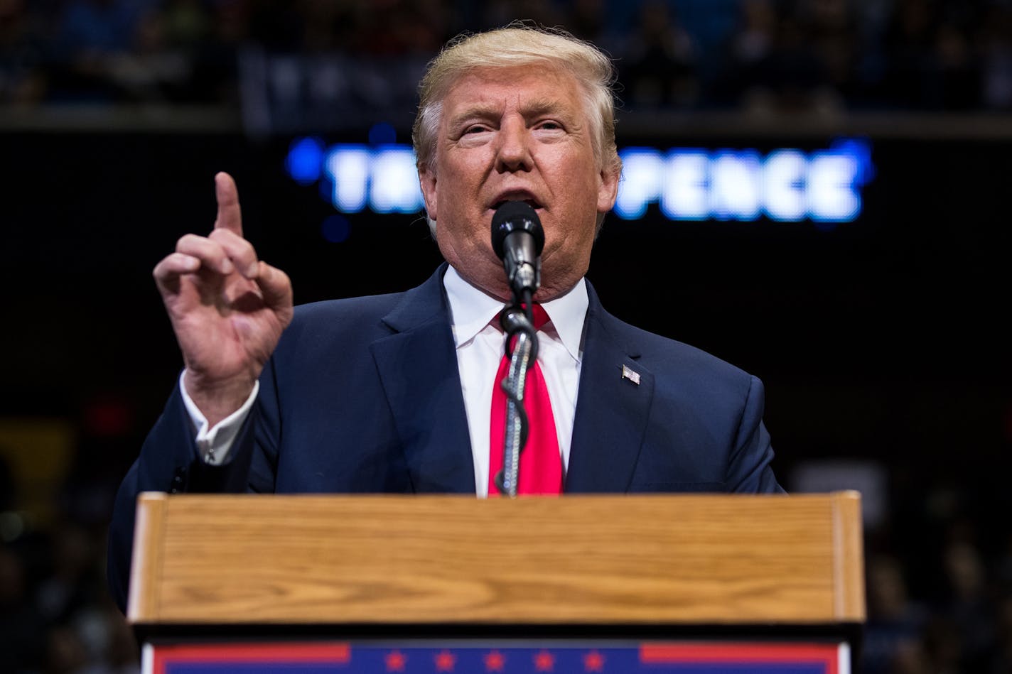 Republican Presidential nominee Donald J. Trump delivers remarks during a rally at Mohegan Sun Arena in Wilkes-Barre Twp., Pa. on Monday, Oct. 10, 2016. (Christopher Dolan / The Citizens&#x2019; Voice via AP)