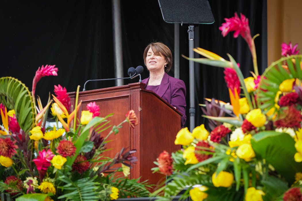 U.S. Senator Amy Klobuchar is a surprise guest speaker during the U’s graduation at Huntington Bank Stadium.