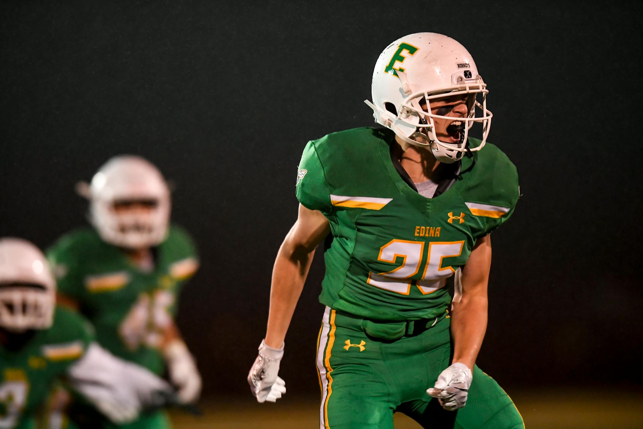 Edina defensive back Russell Spence celebrated his team's second fumble recovery of the game Friday night against Minnetonka.